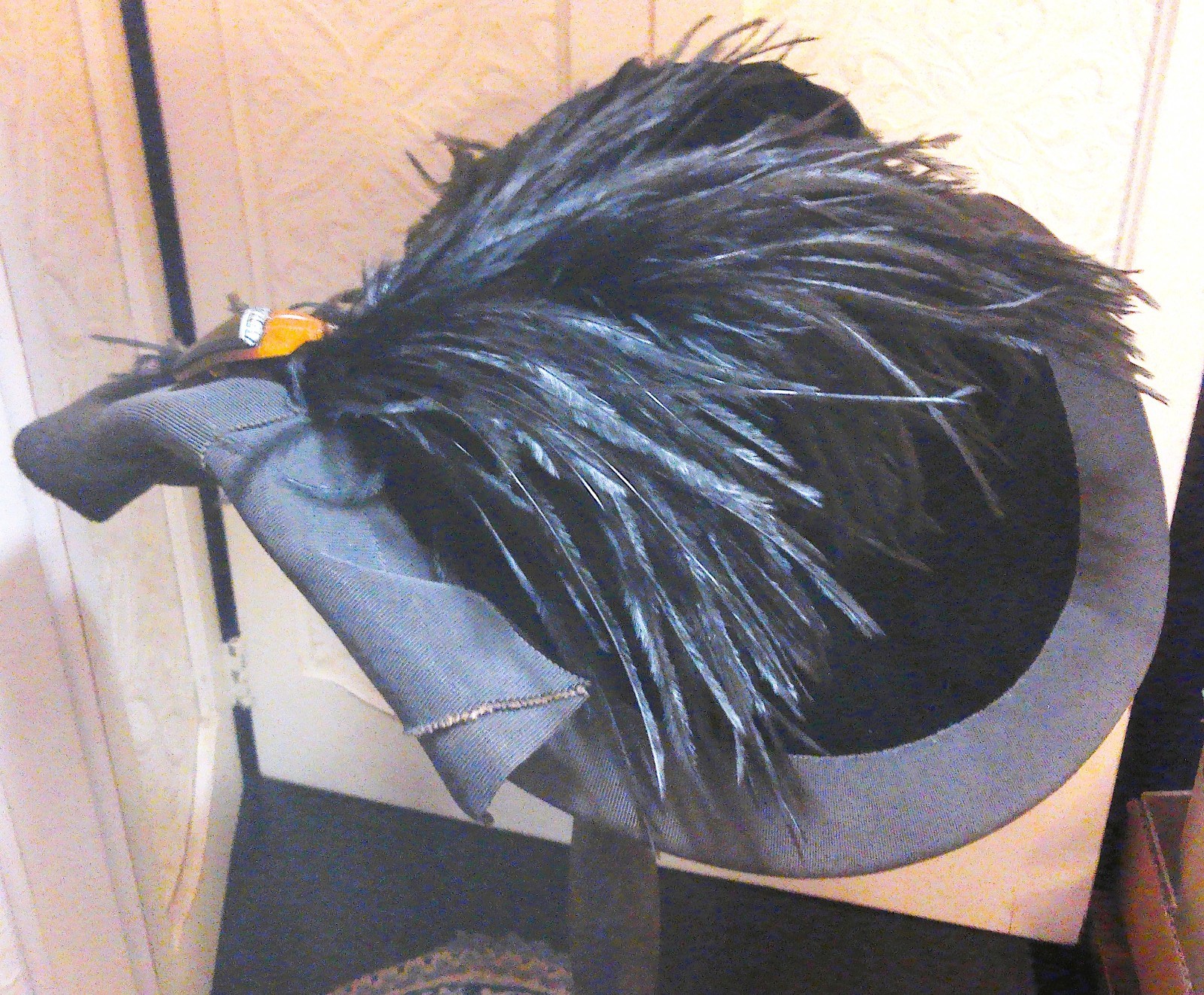 Vintage Antique Hat Black w/Plume Feather & Art Deco Pin For Women & Large Dolls