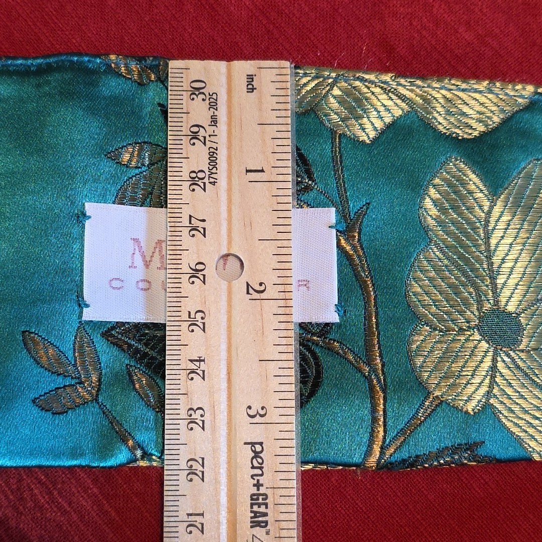 MJ Ernst Couturier Asian Brocade Sash Obi Belt Teal Emerald Floral Butterfly