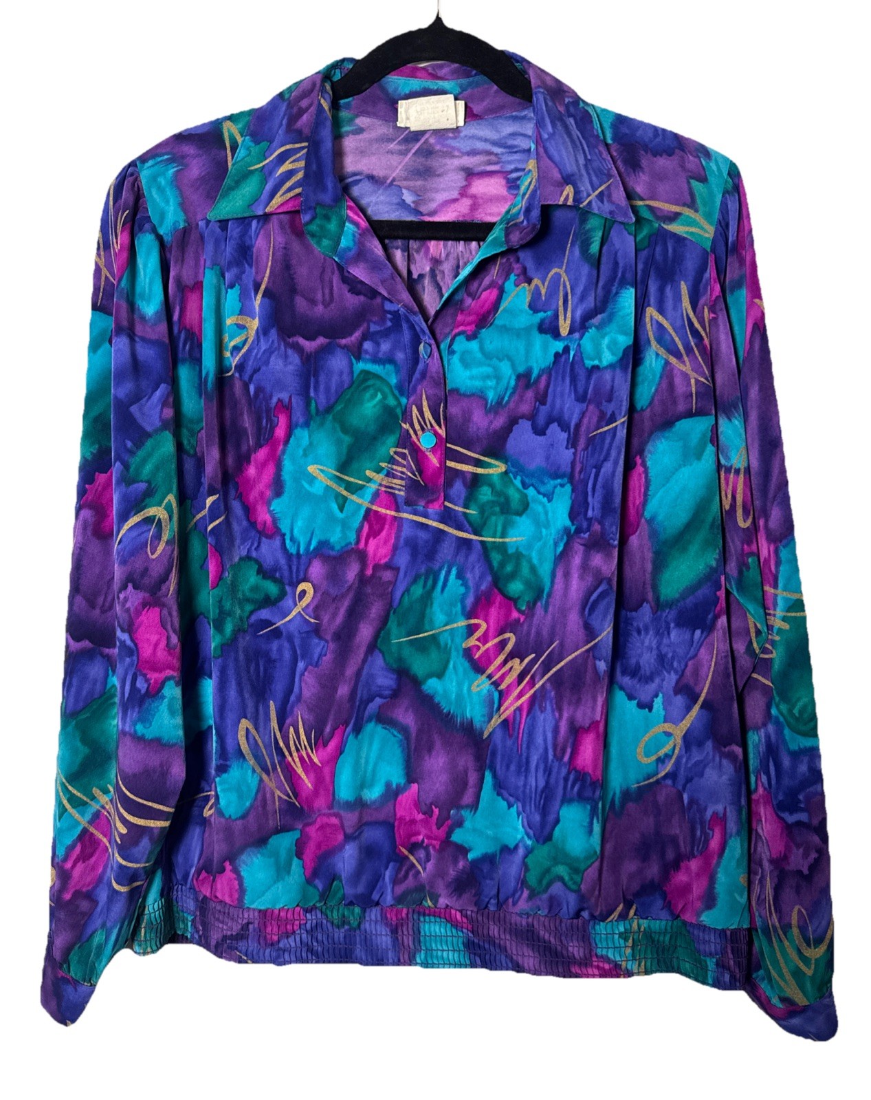 VTG T Marie Sissies Abstract Blouson Blouse USA Purple Teal Art Print XL XXL