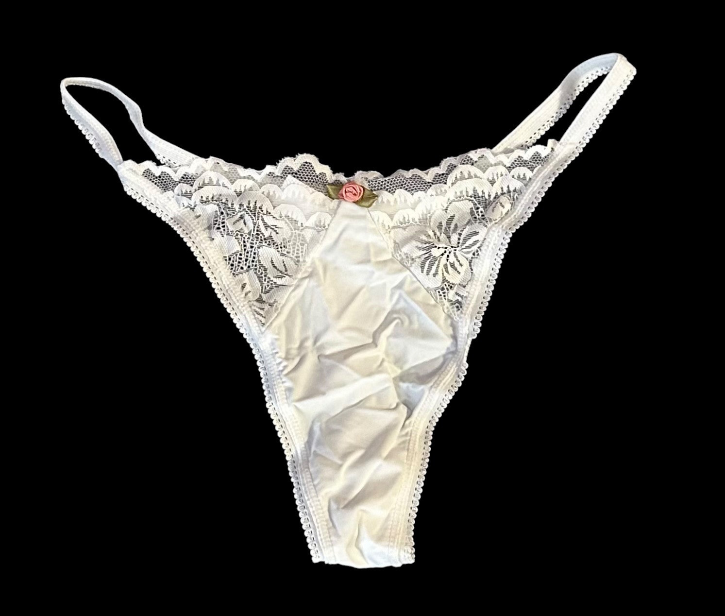 White Shiny Satin Glossy Lace Thong Panties Womens L NWOT