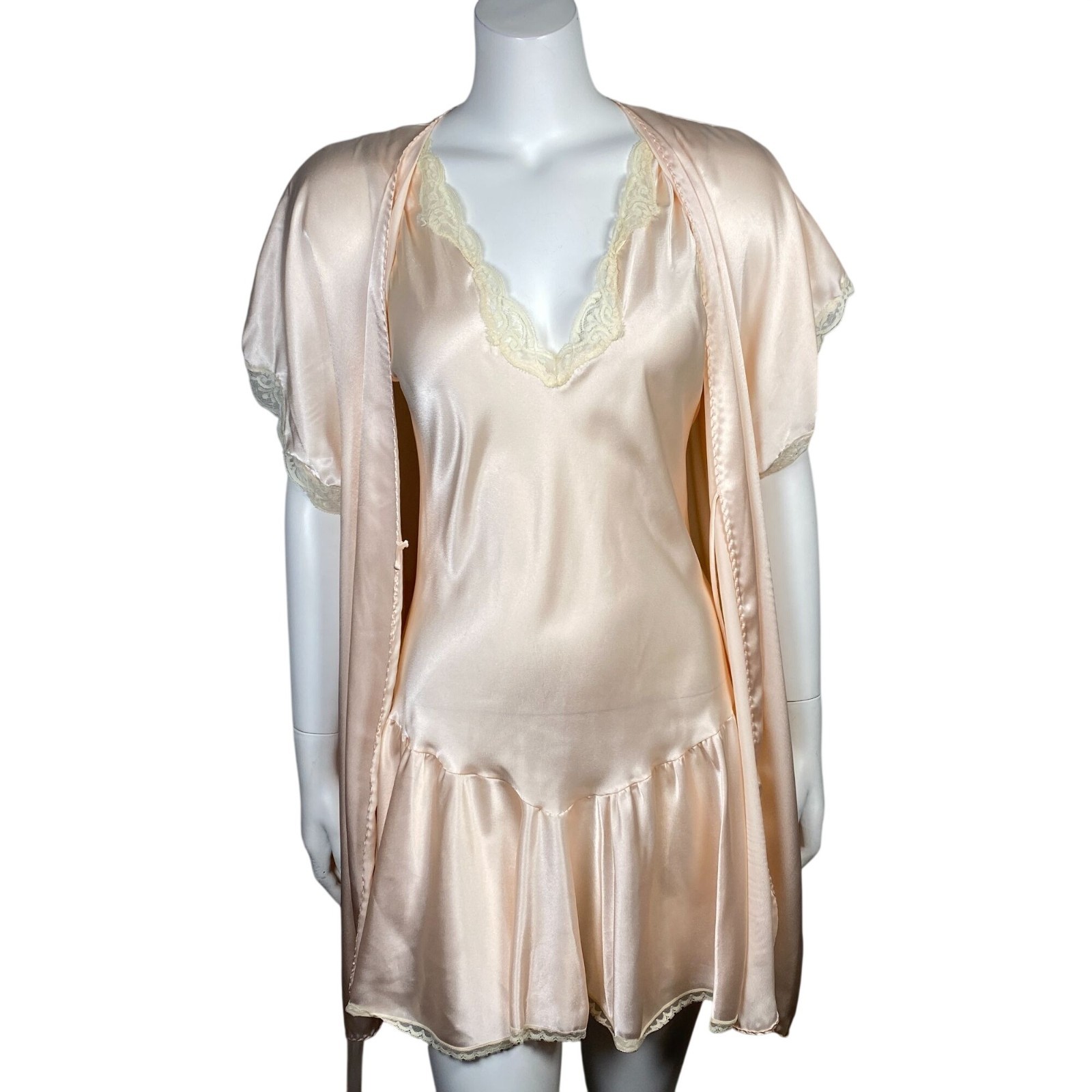 Vintage Lindsey Blake Short Satin Robe Nightgown Set Size M Lace Trim Pale Pink