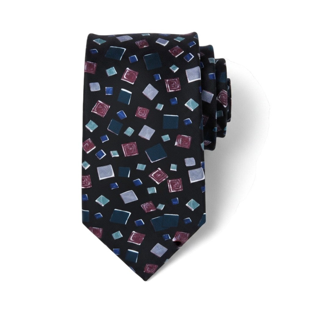 1990s Vintage Navy Square Geometric Pattern 100% Italian Silk Neck Tie 3.75 x 57