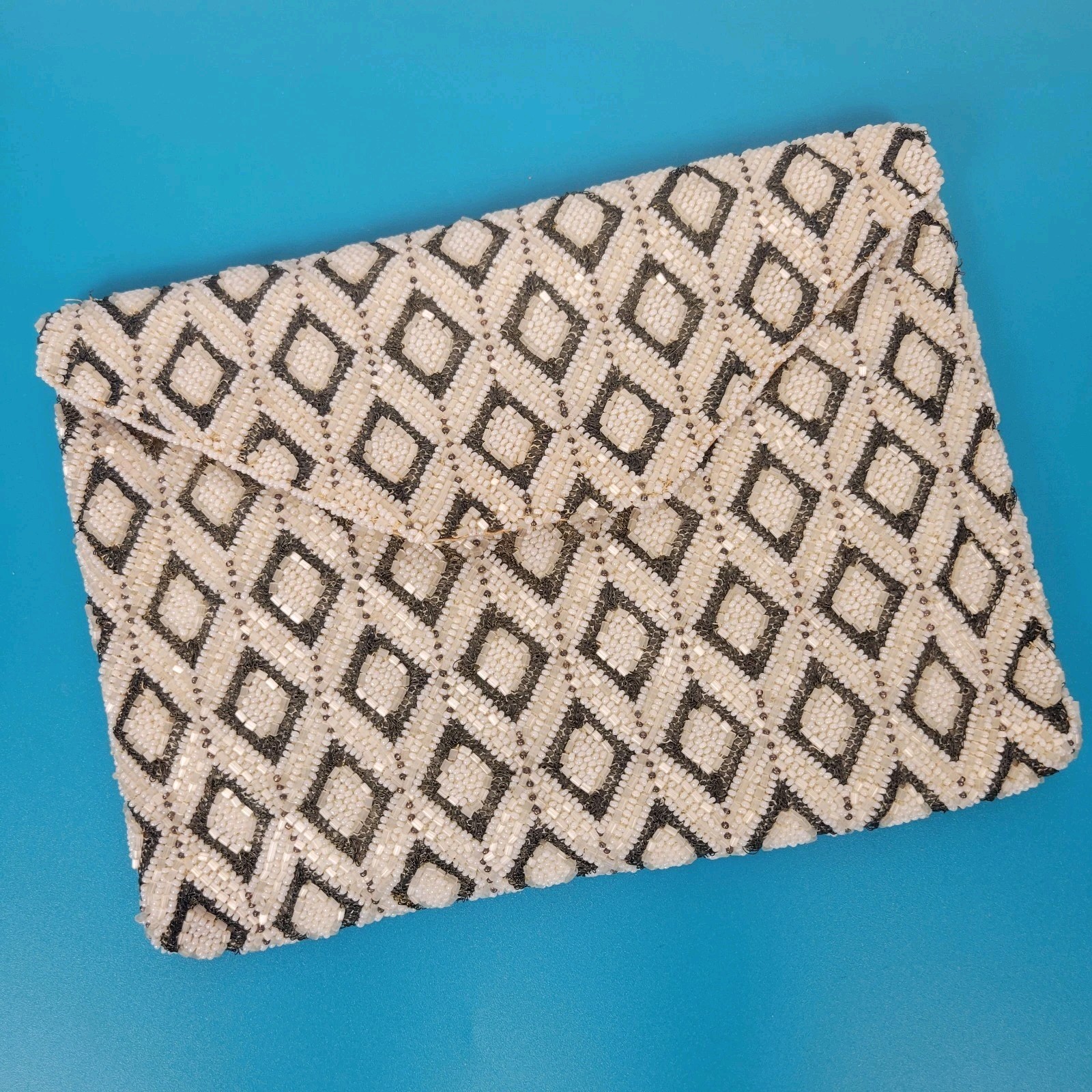 Vtg 1950s KORET TRESOR Beaded Evening Clutch Bag Diamond Pattern with Coin Purse