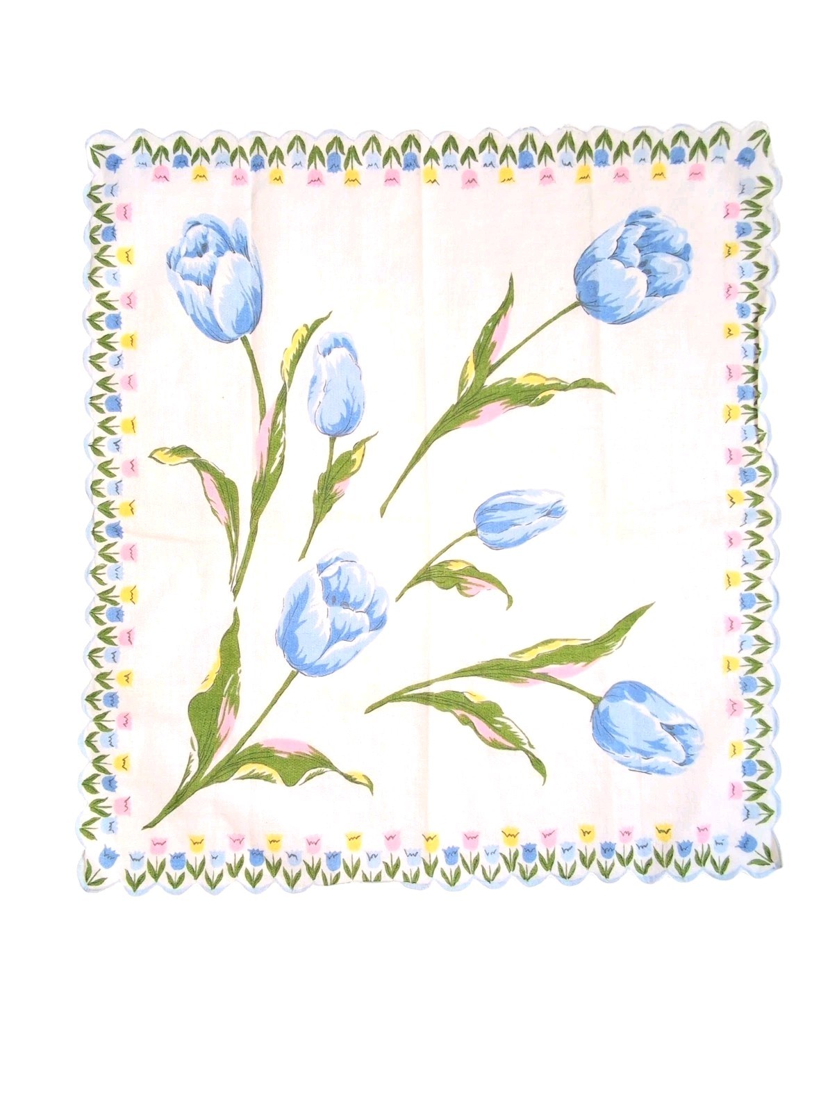 Vintage Handkerchief White w/ Blue Pink Yellow Tulips 14 x 14 inches Cotton