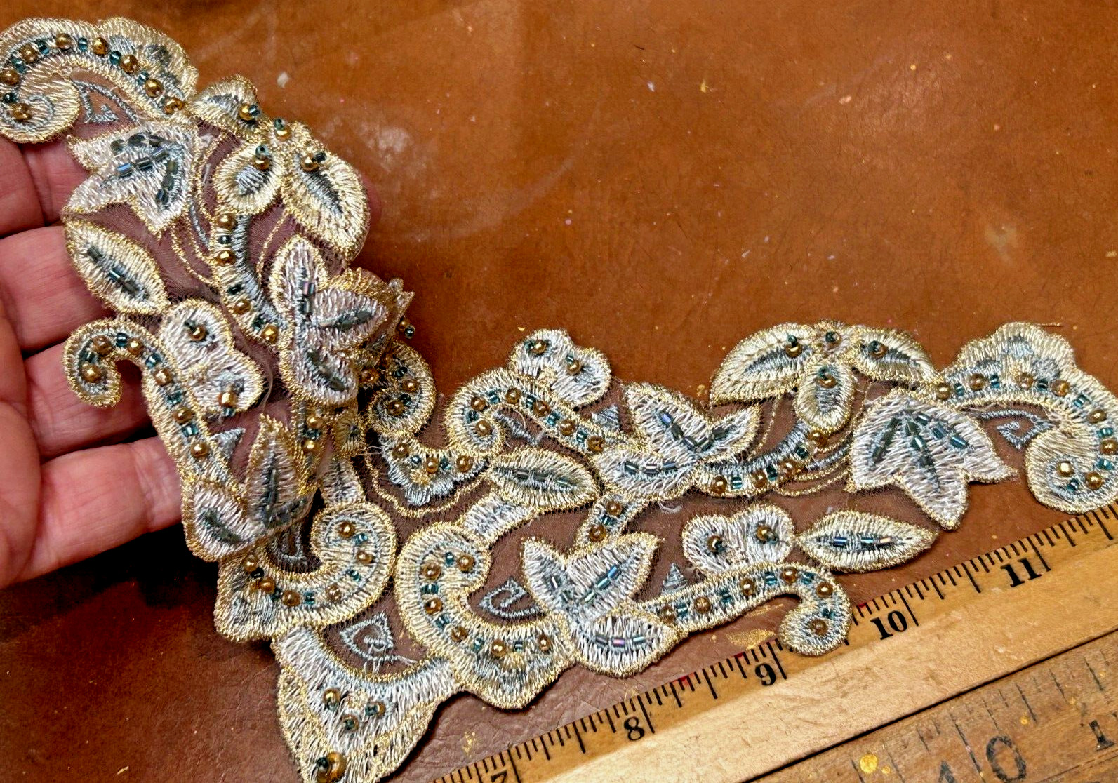 beaded collar cotton metallic leaves 5×10.5″ blue gold 1pc hand sewn