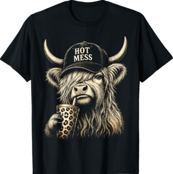 Hot Mess Highland Cow Funny Cute Coffee Lover Graphic T-Shirt