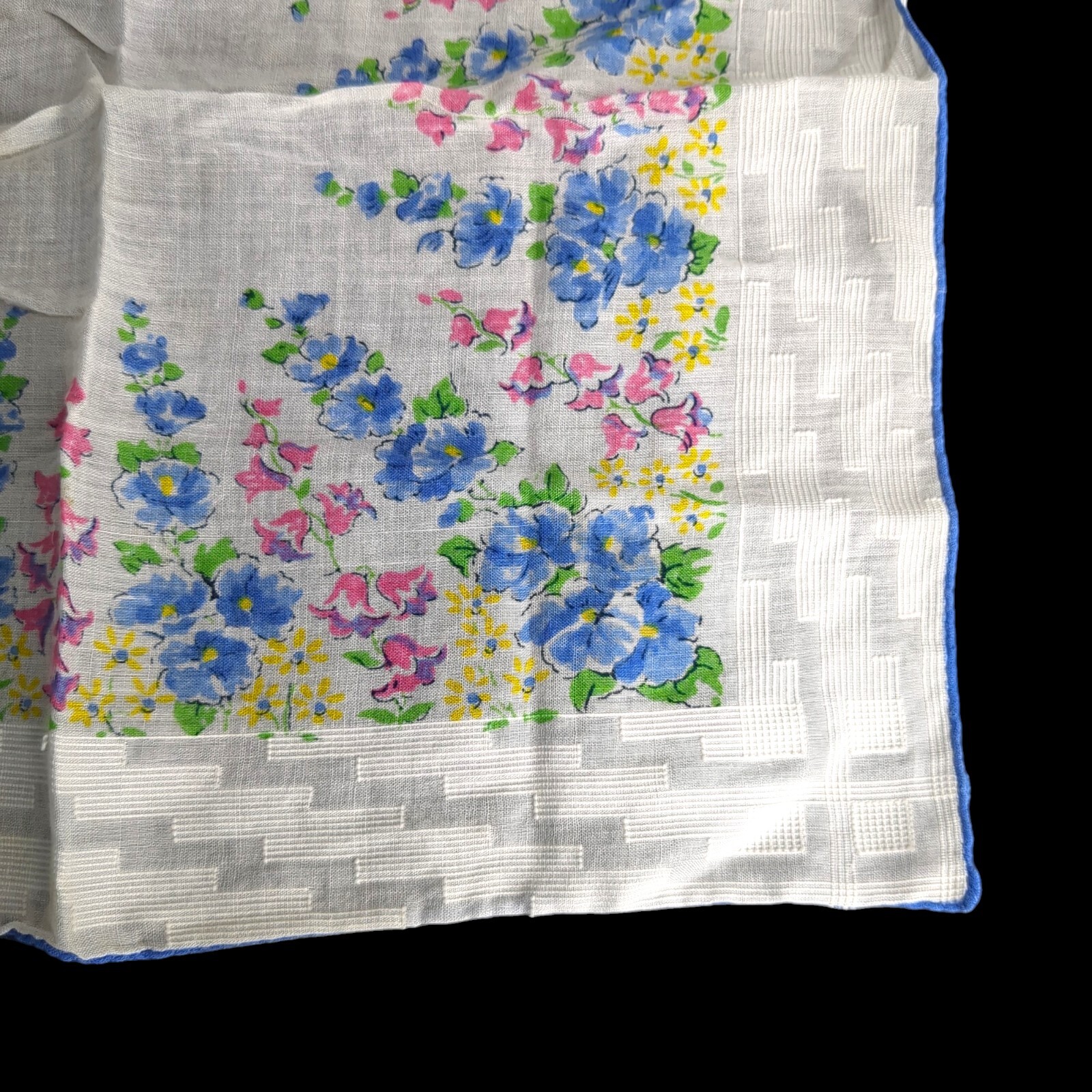 VTG Hanky Handkerchief White with Pink Blue Yellow Flowers 11” Wedding