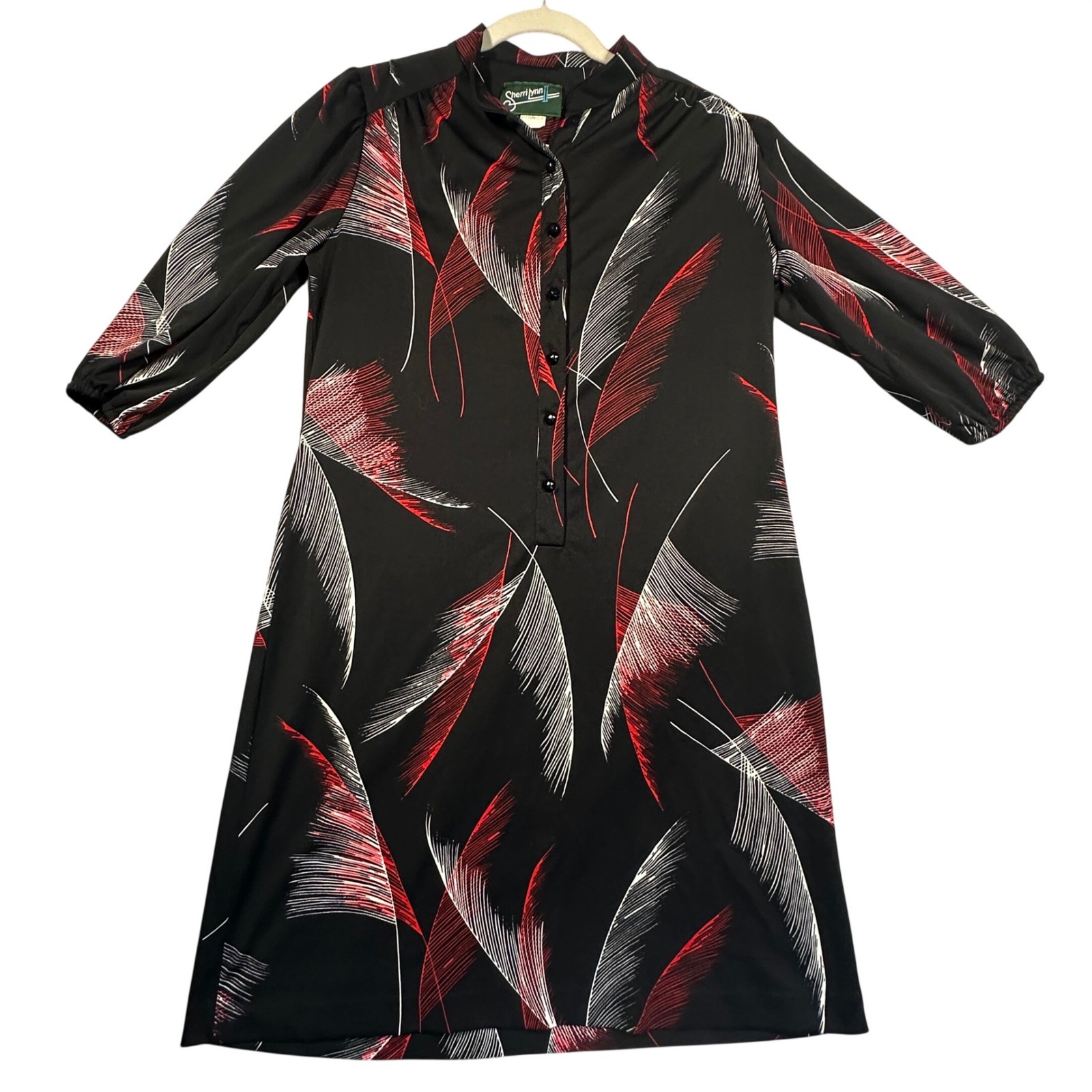 Sherri Lynn Vintage 70s Dress 12 Black Red Feather Print Mod Shift Polyester