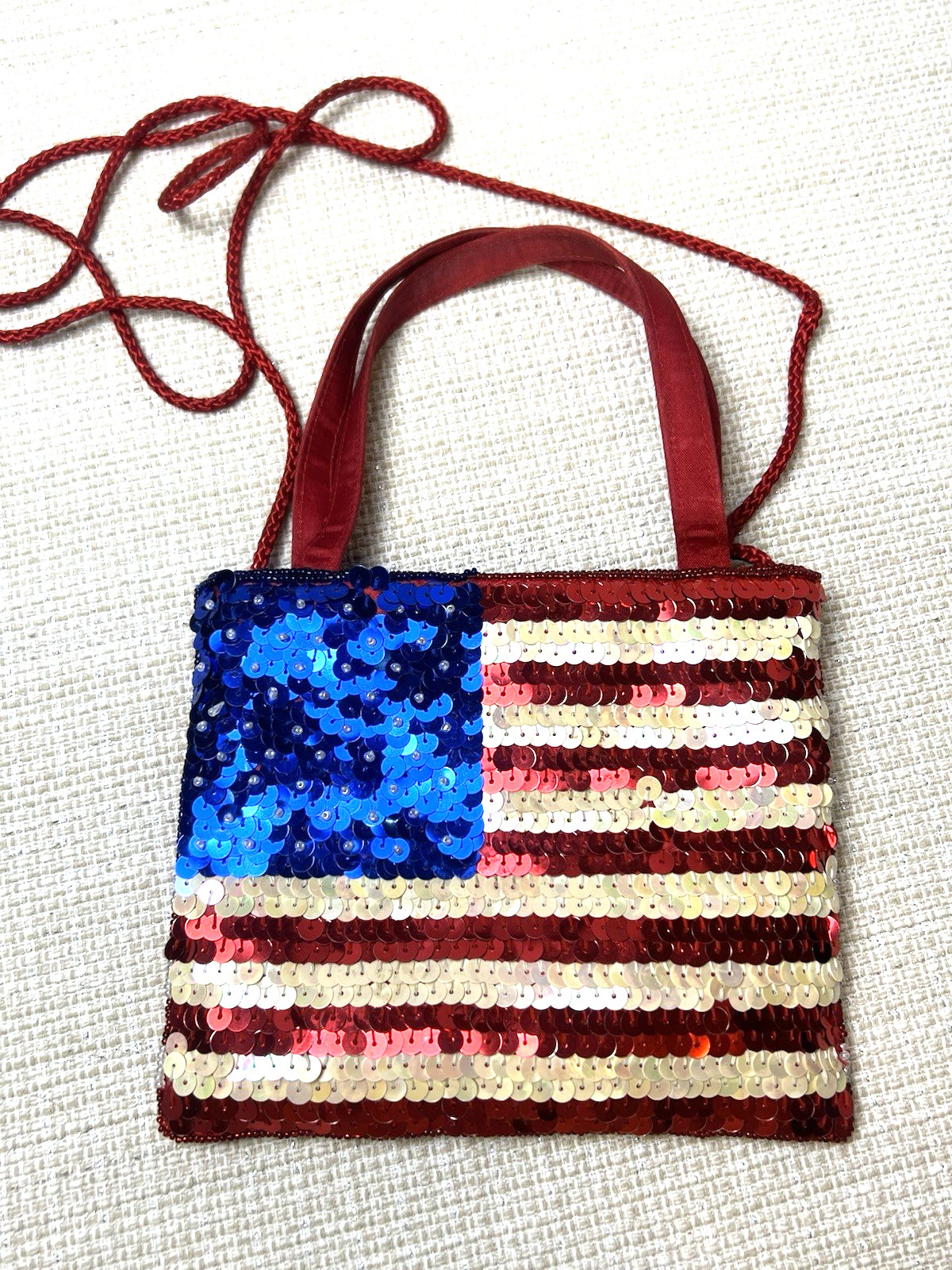 Vtg Beads Sequins American Flag Crossbody Bag Patriotic USA Stars and Stripes
