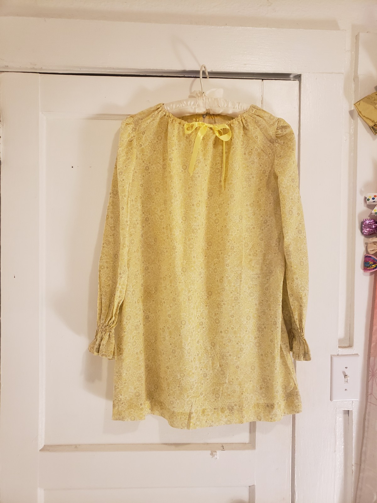 Vtg 60s Handmade Yellow Floral Cotton Dress Semi Sheer S M