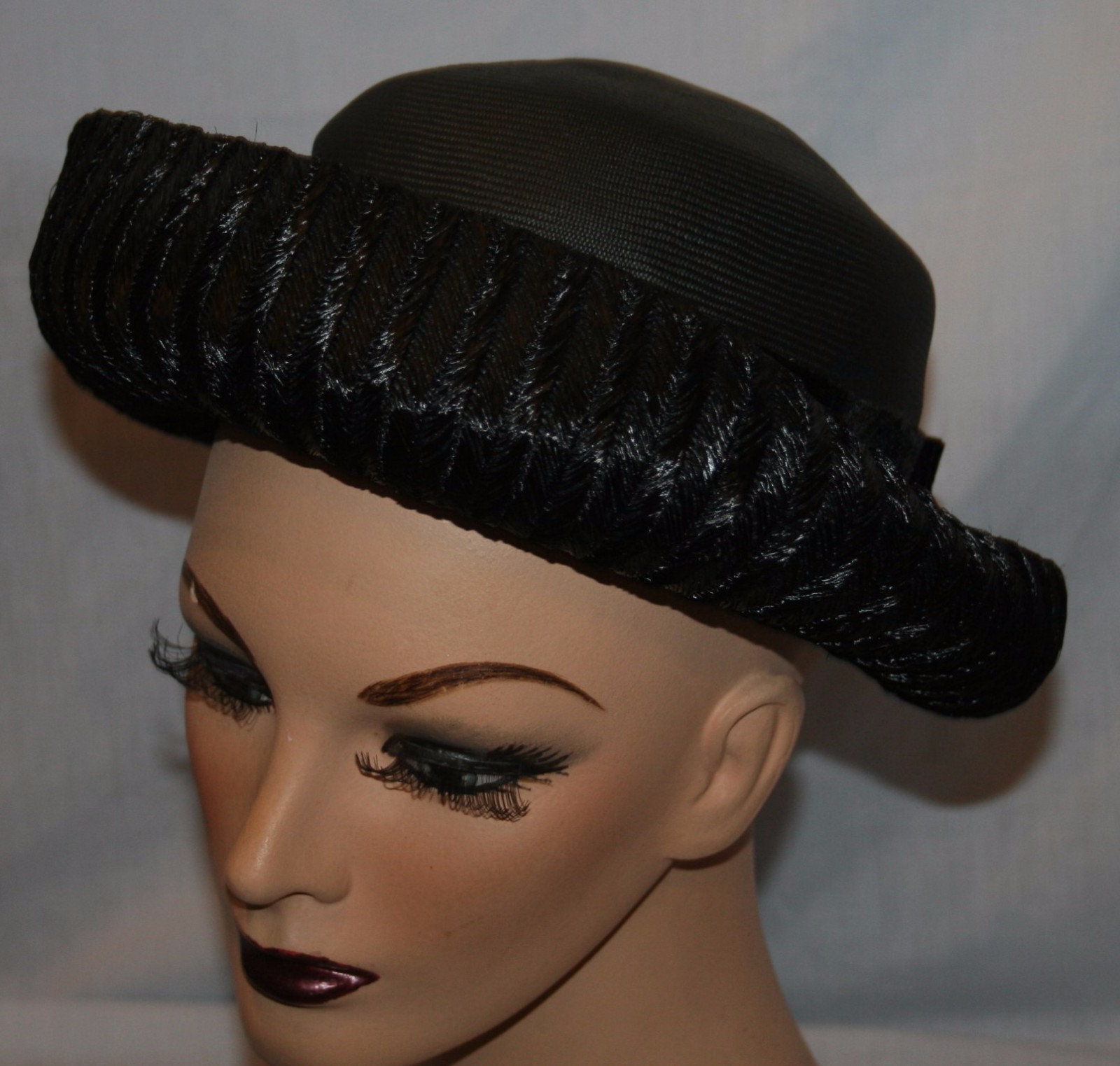 Jan Leslie Custom Designs Black Dress Hat Vtg Vintage Straw Pillbox Pill Box