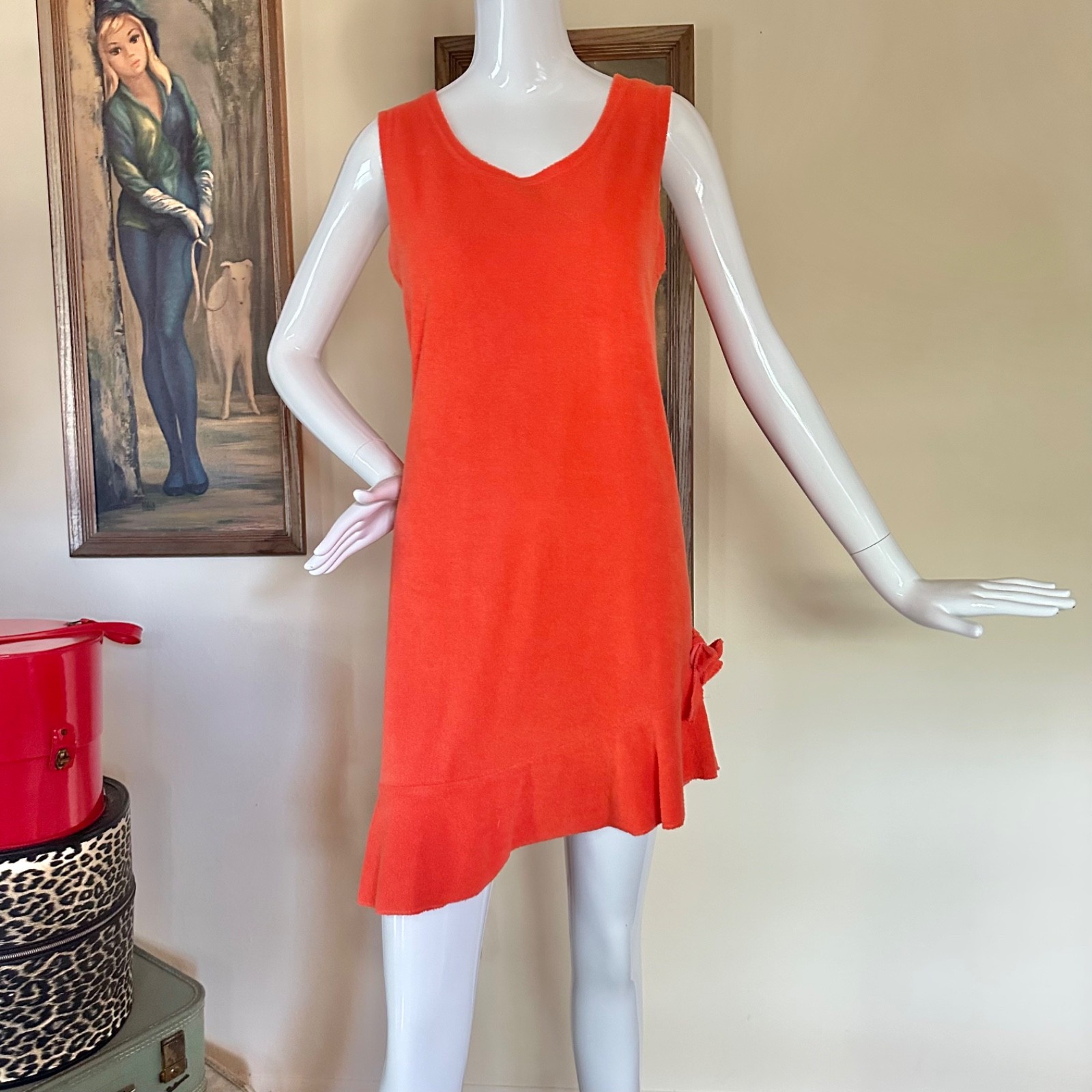 Vintage 1980s Orange Terry Cloth Lounge Dress Pool Party Cover-up Ruffle Hem M