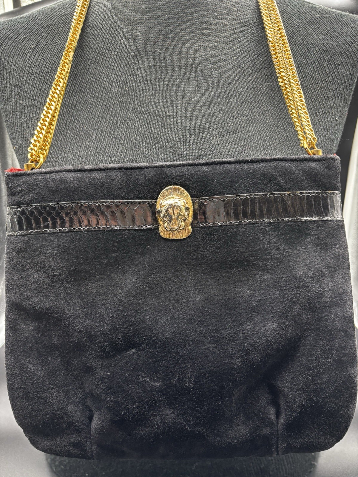 Vintage Ruth Saltz Black Suede Panther Head Gold Chain Shoulder Bag Purse