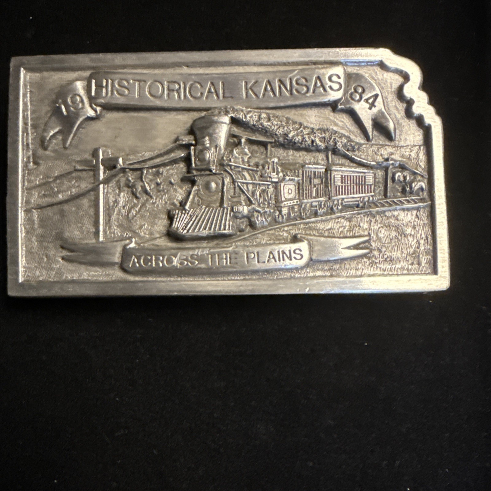 Historical Kansas Belt Buckle Railroad Across The Plains Vtg 80s 270/500