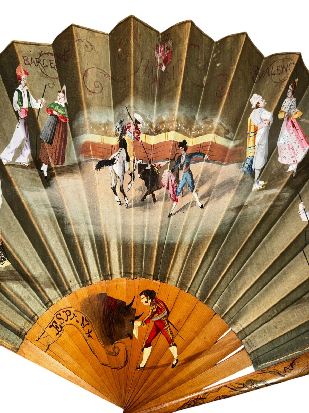 Vtg Large Espana Antique Hand Fan Spanish /Cloth Sandalwood Bullfighting Spain