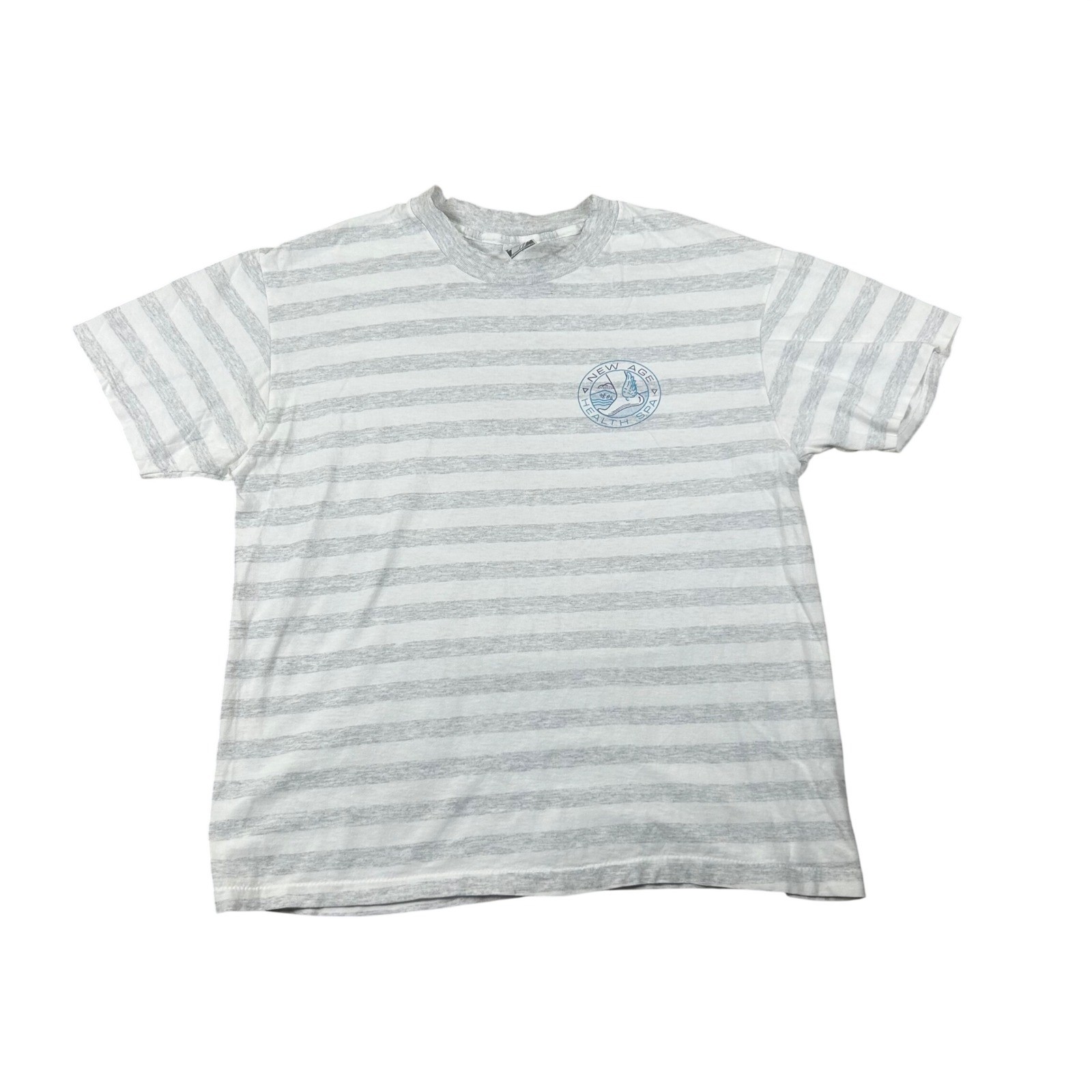 L.A. Sportswear Men Large White Gray Striped New Age Health Spa T-Shirt USA Made