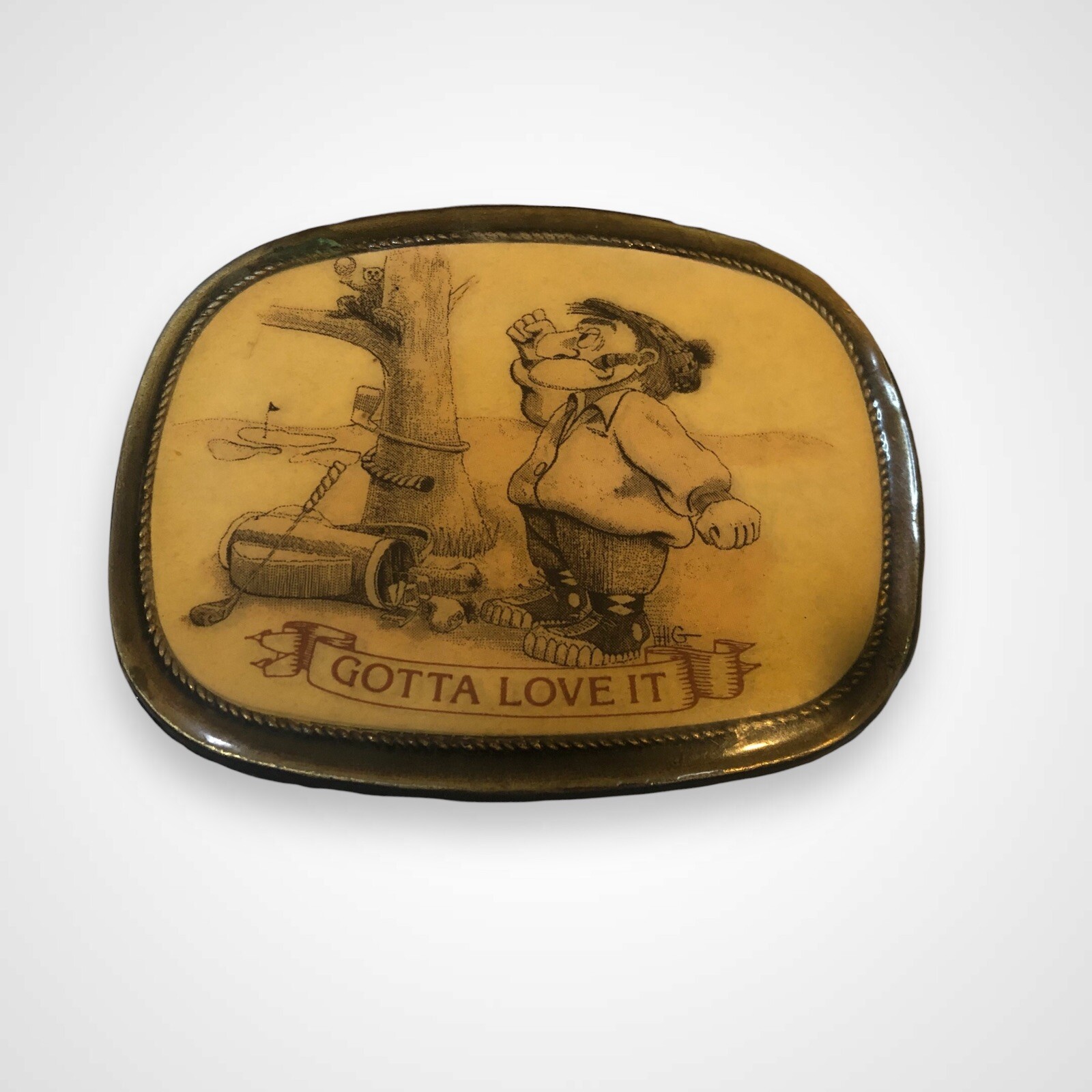 Vintage 70’s Golf Humor Funny Gotta Love It Belt Buckle Golfing Squirrel