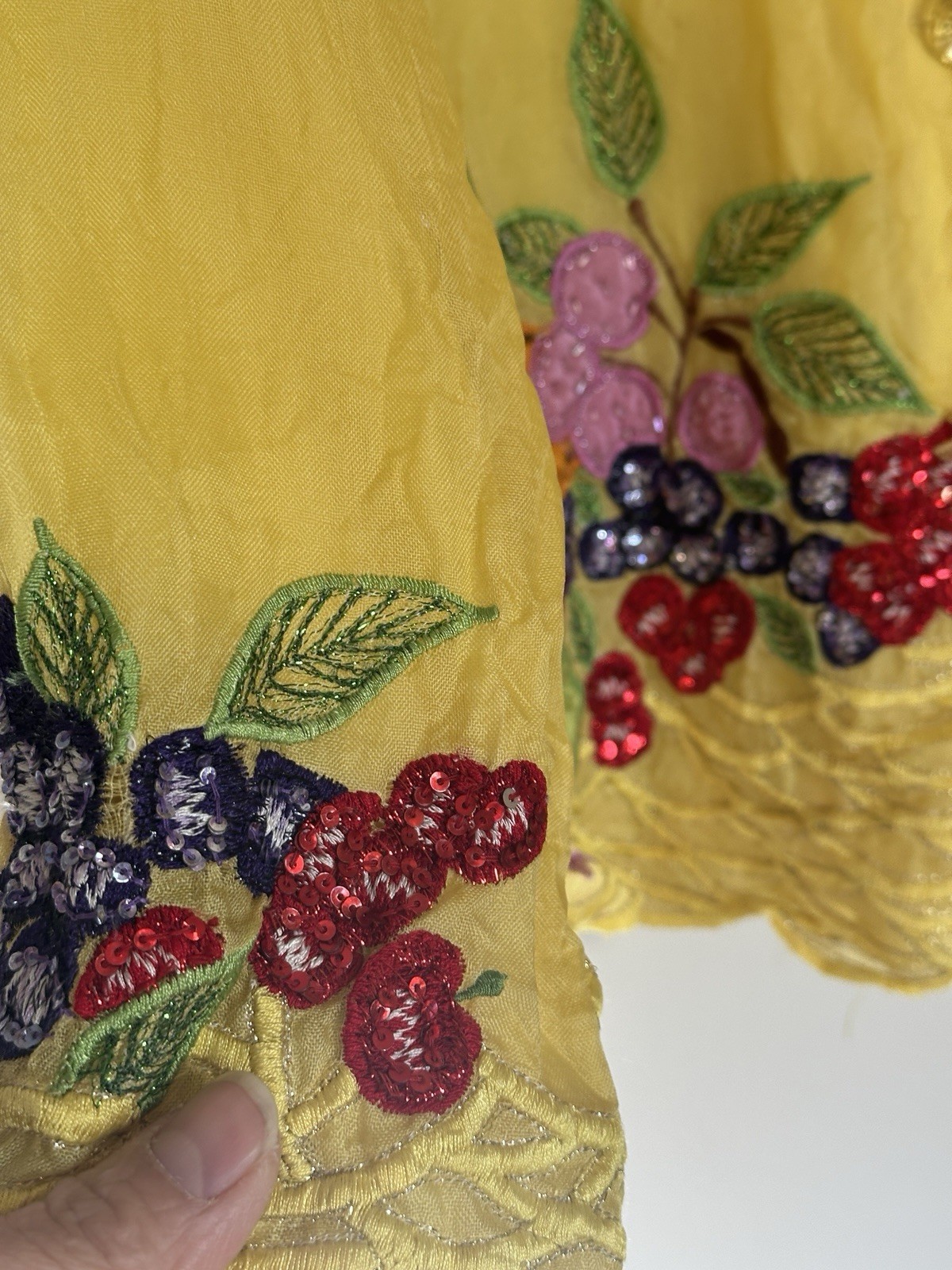 VTG Neil’s Silk Blouse Jacket XL Yellow Fruit Cherries Embroidery F16