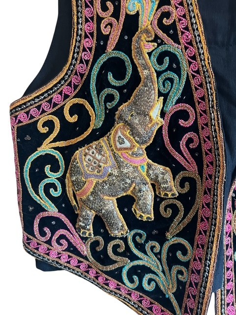 Vtg 90s Artisan Handmade Thai Elephant Vest Beaded 3D Puffed Boho Art to Wear L