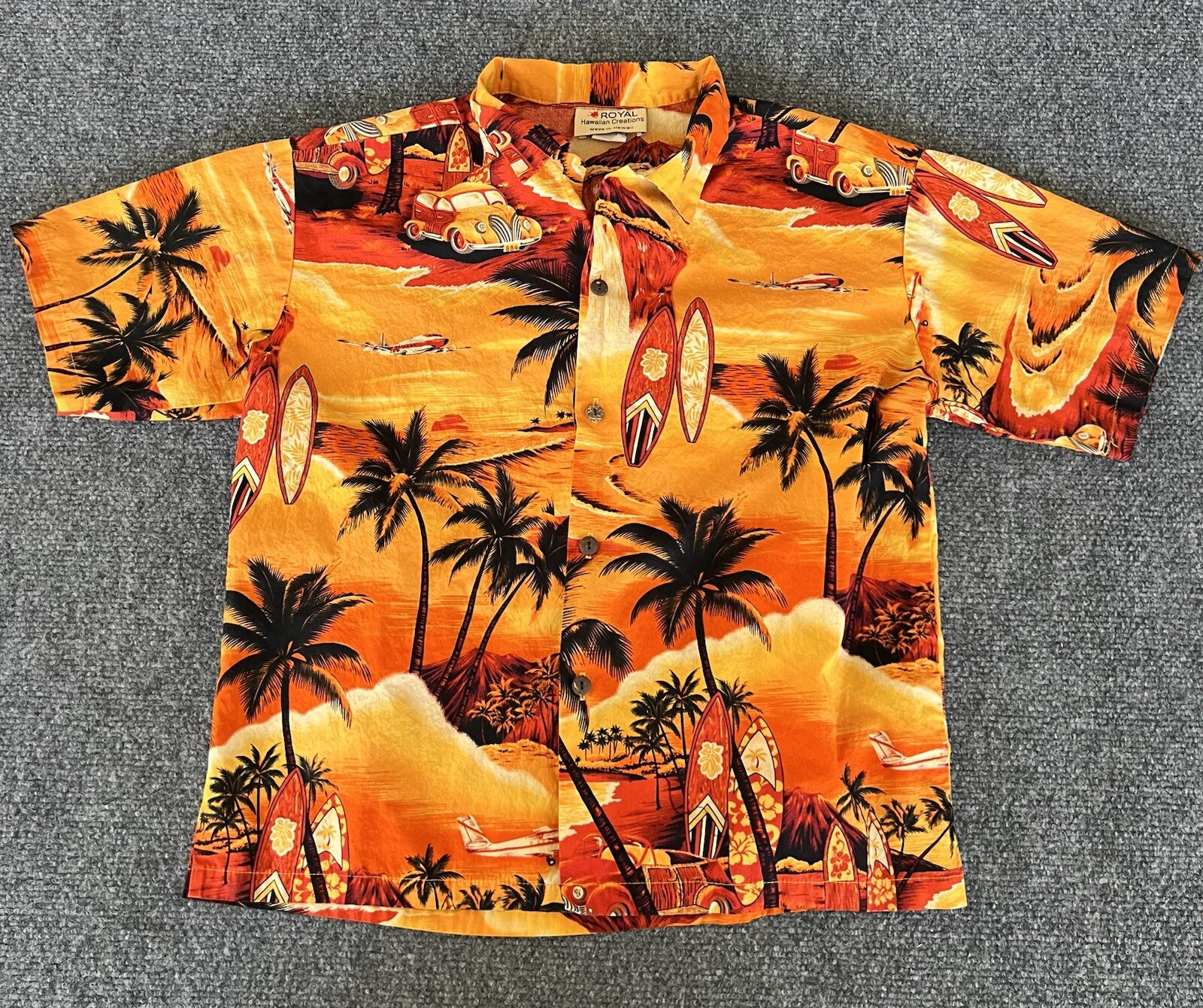 Royal Hawaiian Creations Boys VTG Hawaiian Shirt Orange Black Planes Woody Surf