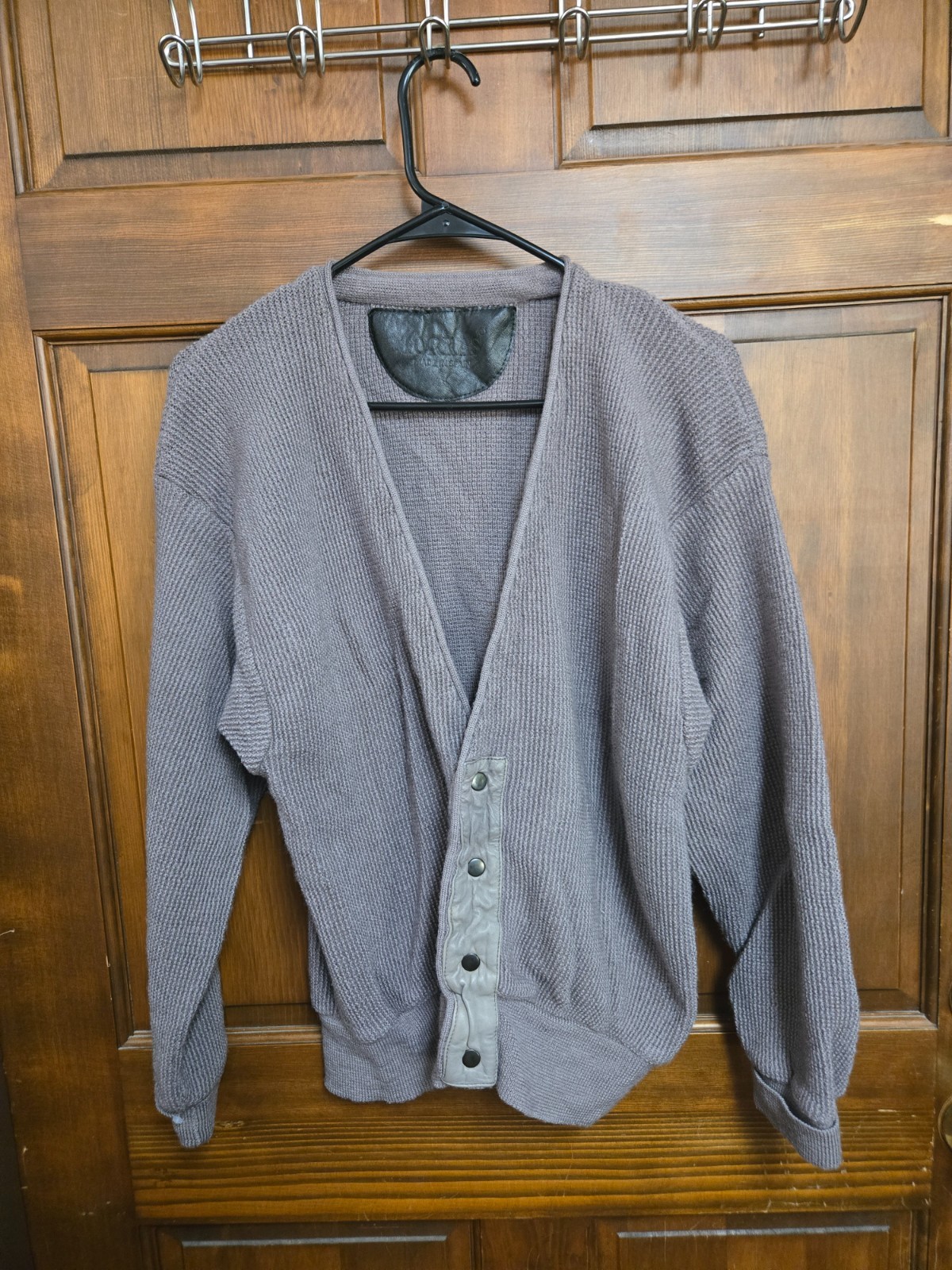 Vintage Torras Spain Leather Trim Cardigan Sweater Wool Blend Made Spain L