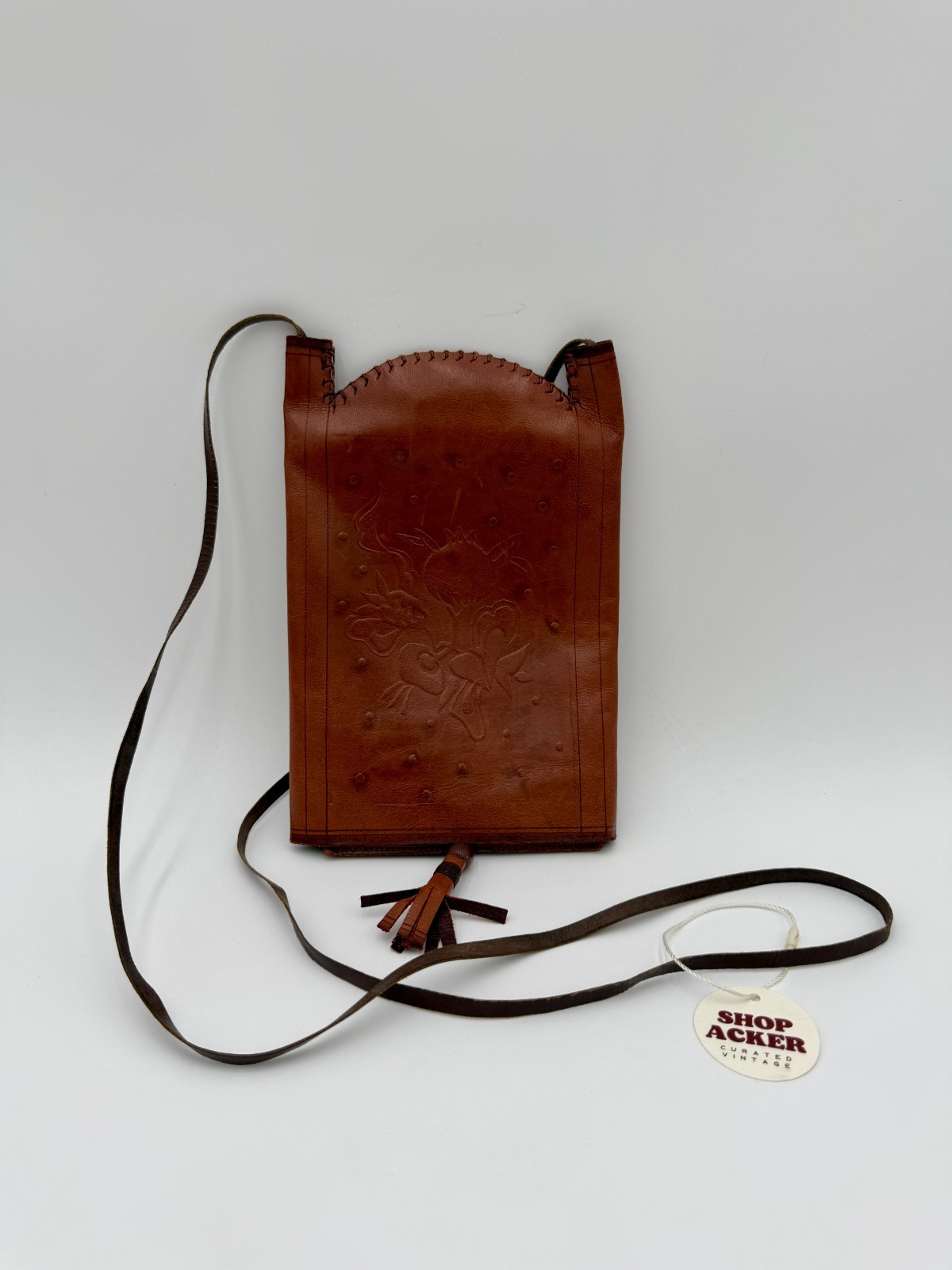 Vintage 1980s Signed Handmade Folk Art Brown Leather Wallet Pouch Purse w/ Strap