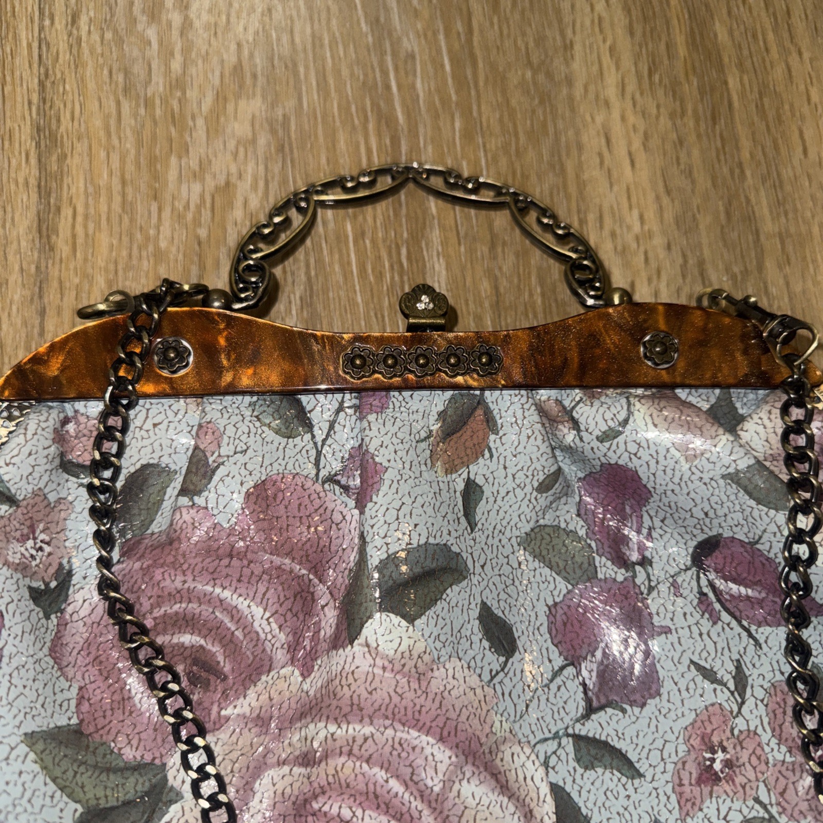 Patricia Nash￼Victorian Floral Hand Beaded Bag W/ Chain. Brass Snap Handle