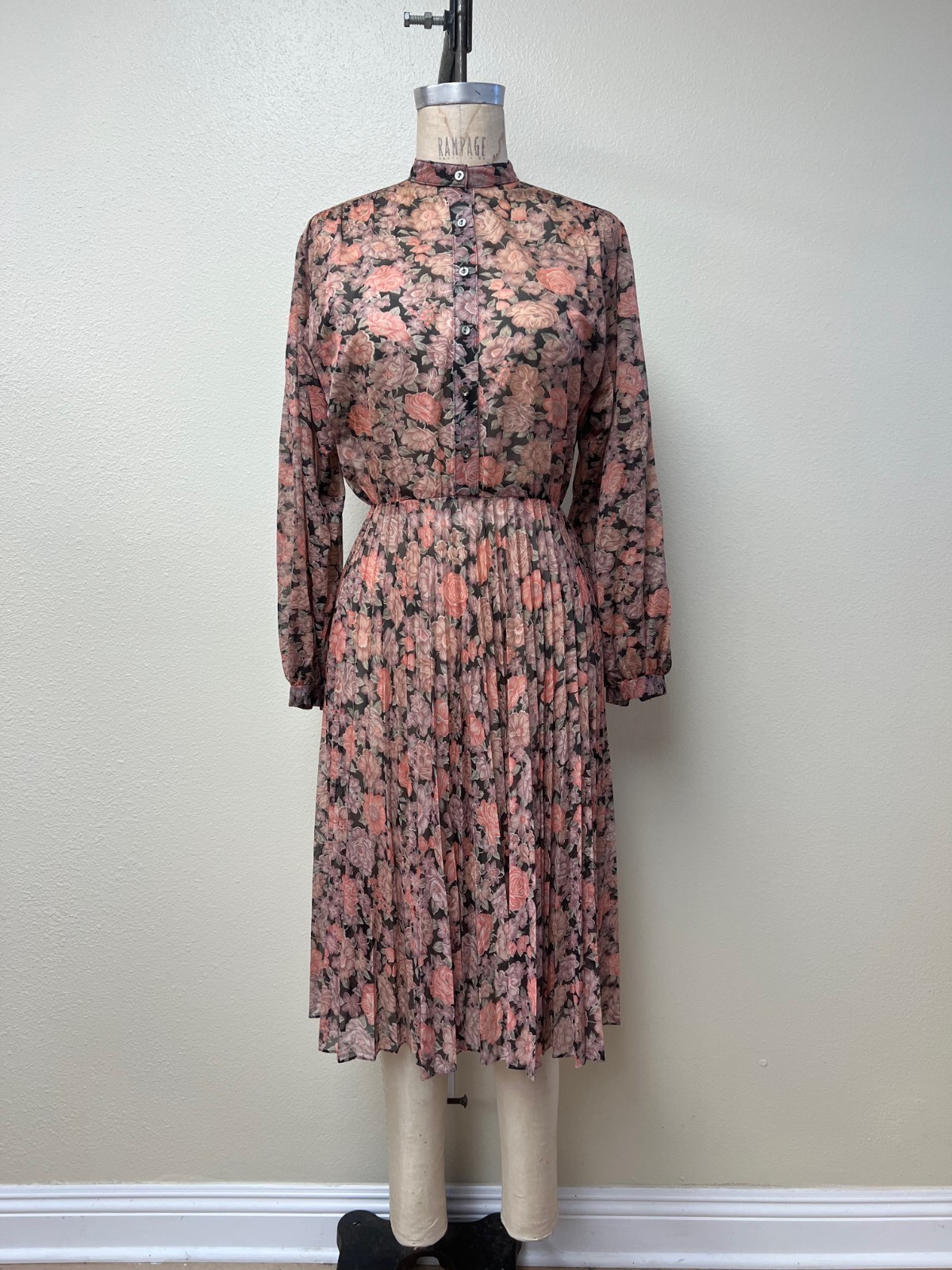 EUC Vintage 70s Sheer Floral Accordion Pleated Full Skirt Dress Medium