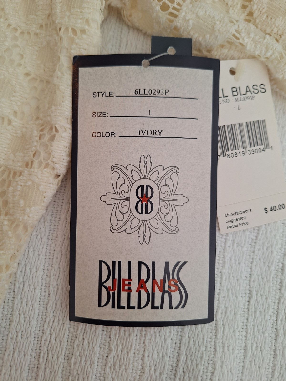 Vintage Bill Blass Ivory Stretch Lace Top /Slit Bell Sleeve/Fully Lined NWT