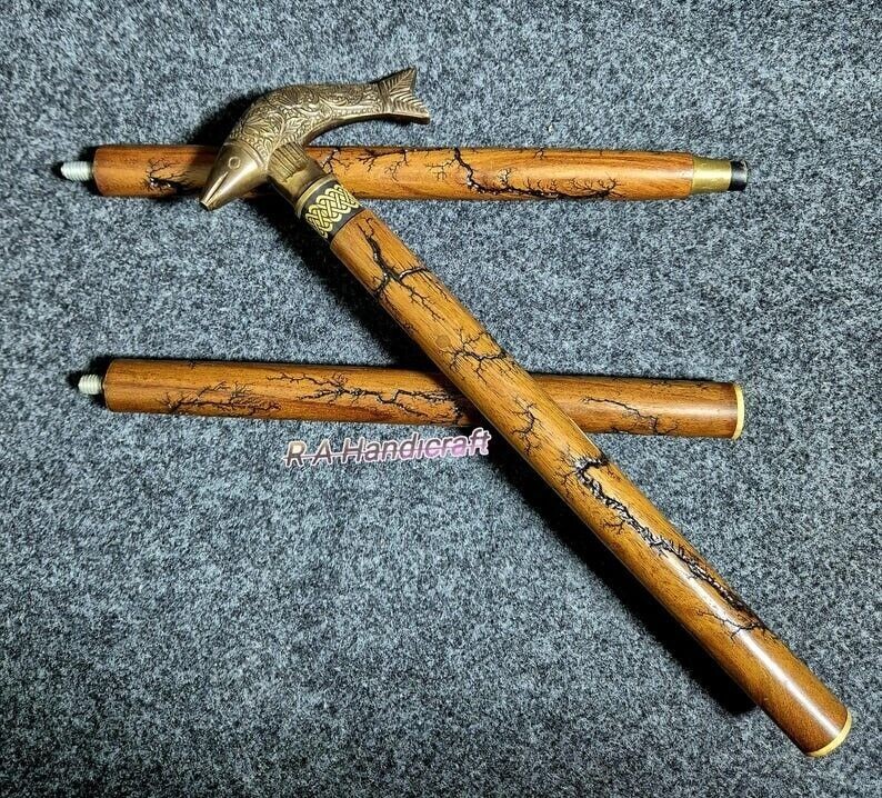Elegant Brass Fish Head Handle Victorian Handmade Wooden Walking Stick Cane