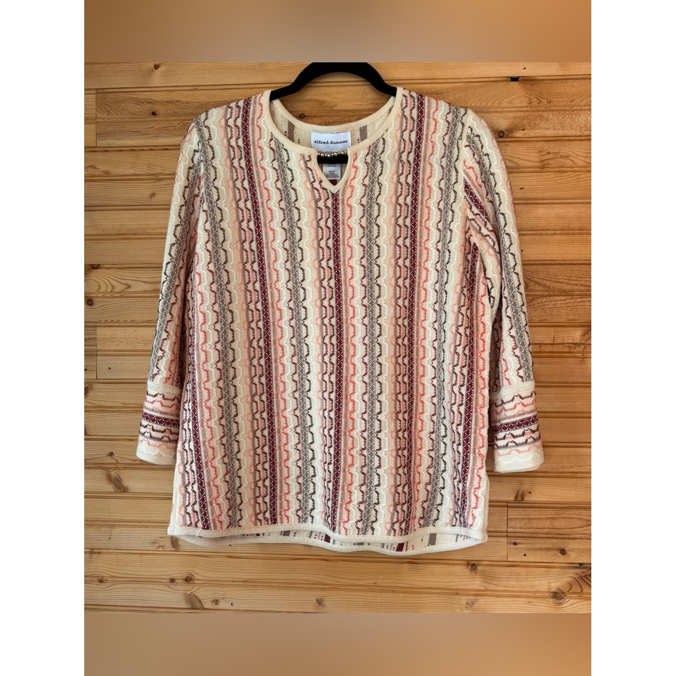 Alfred Dunner Cream Multicolor Striped Knit Top Small Tunic Gold Beads VTG