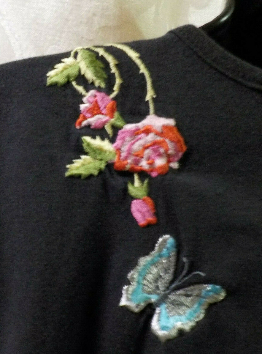 Vintage Premier International Knit Top Size L Black Embroidered Short Sleeve EVC