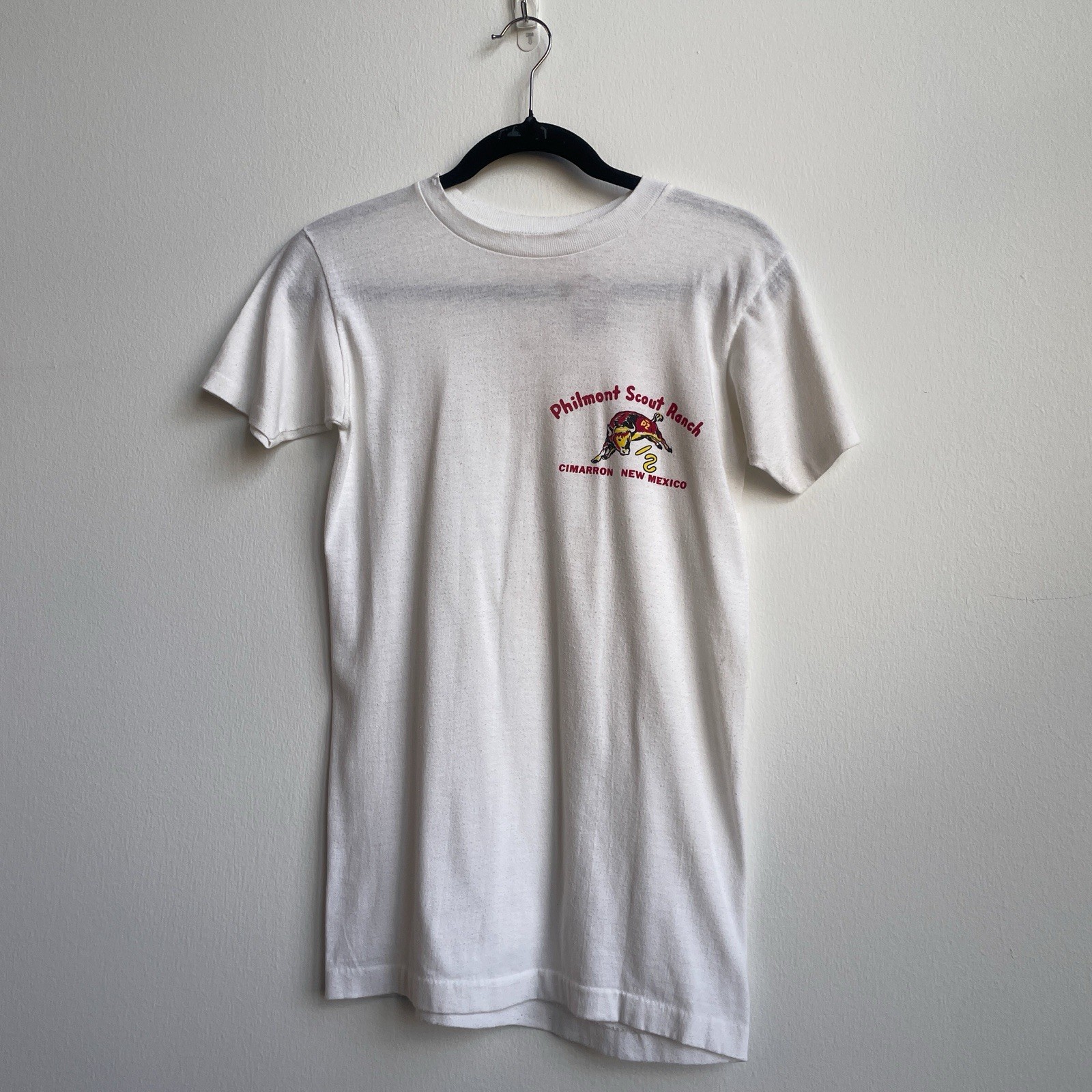 Vintage 60s Philmont Scout Ranch BSA Boy Scouts T-shirt Adult Size XS 16×26.5