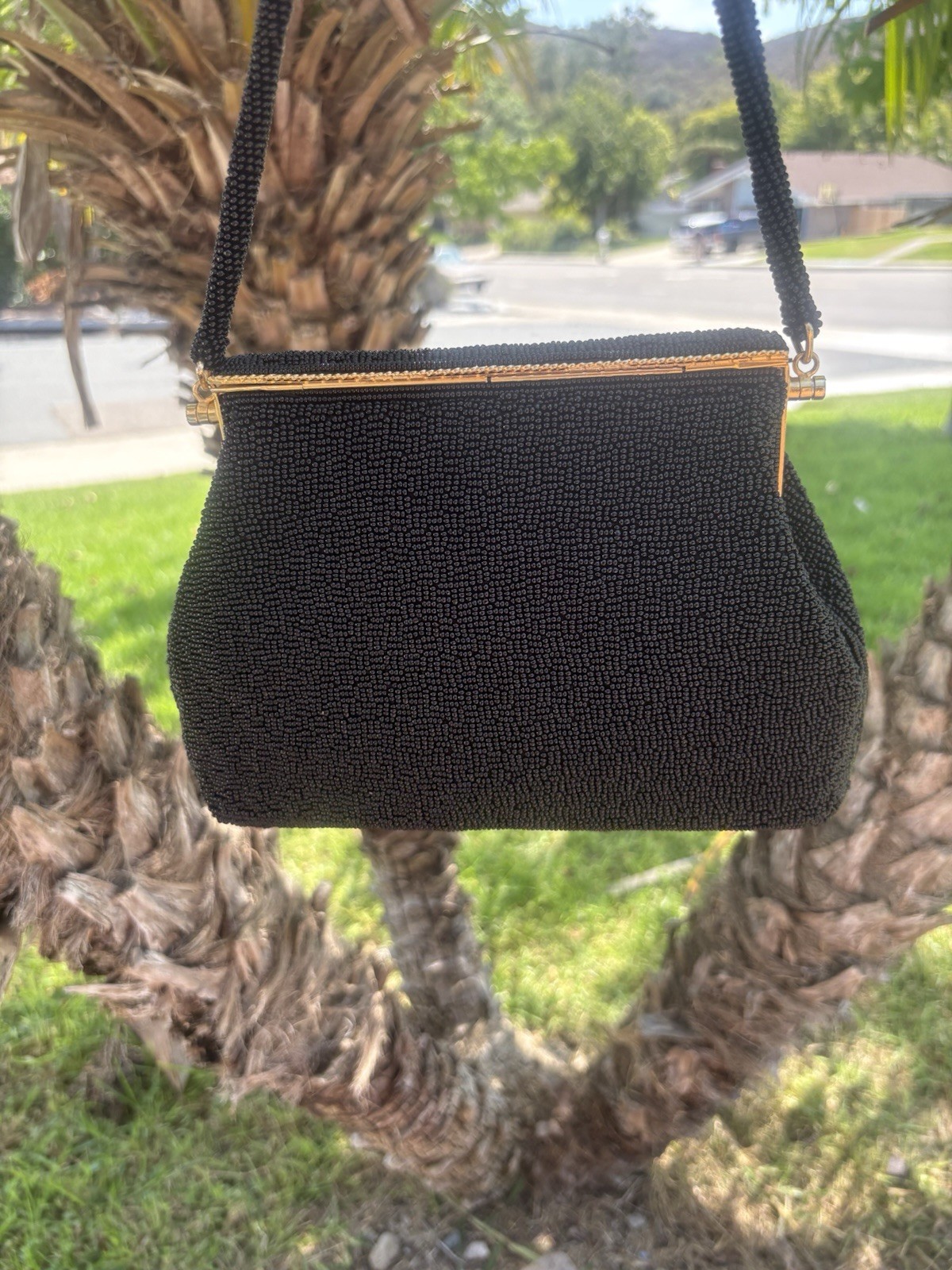 Vintage Black Beaded Handbag With Floral Needlepoint Design