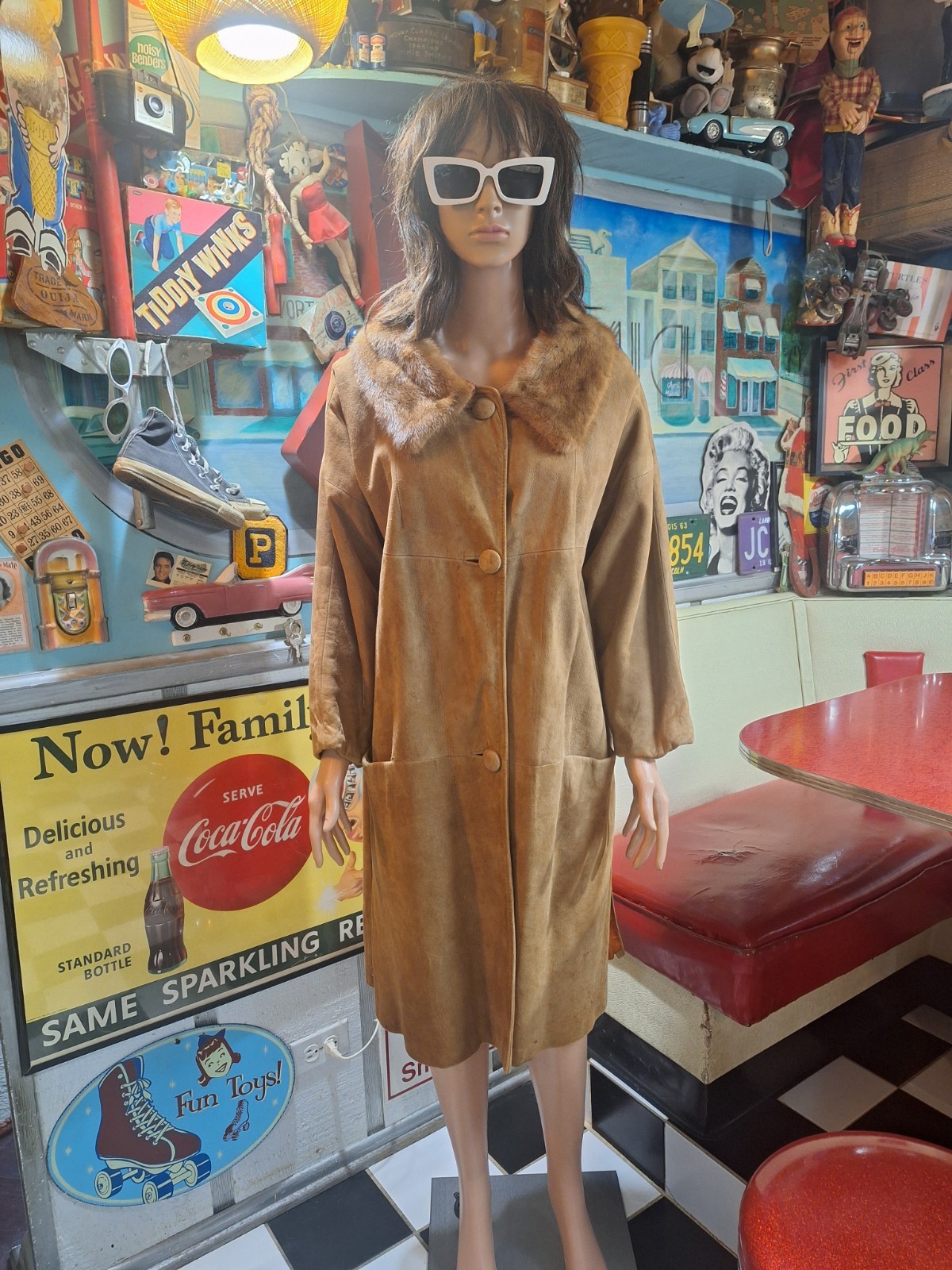 True VTG Mid-century MOD 1960s Genuine Lamb Suede & Mink Fur Swing Coat Lambskin