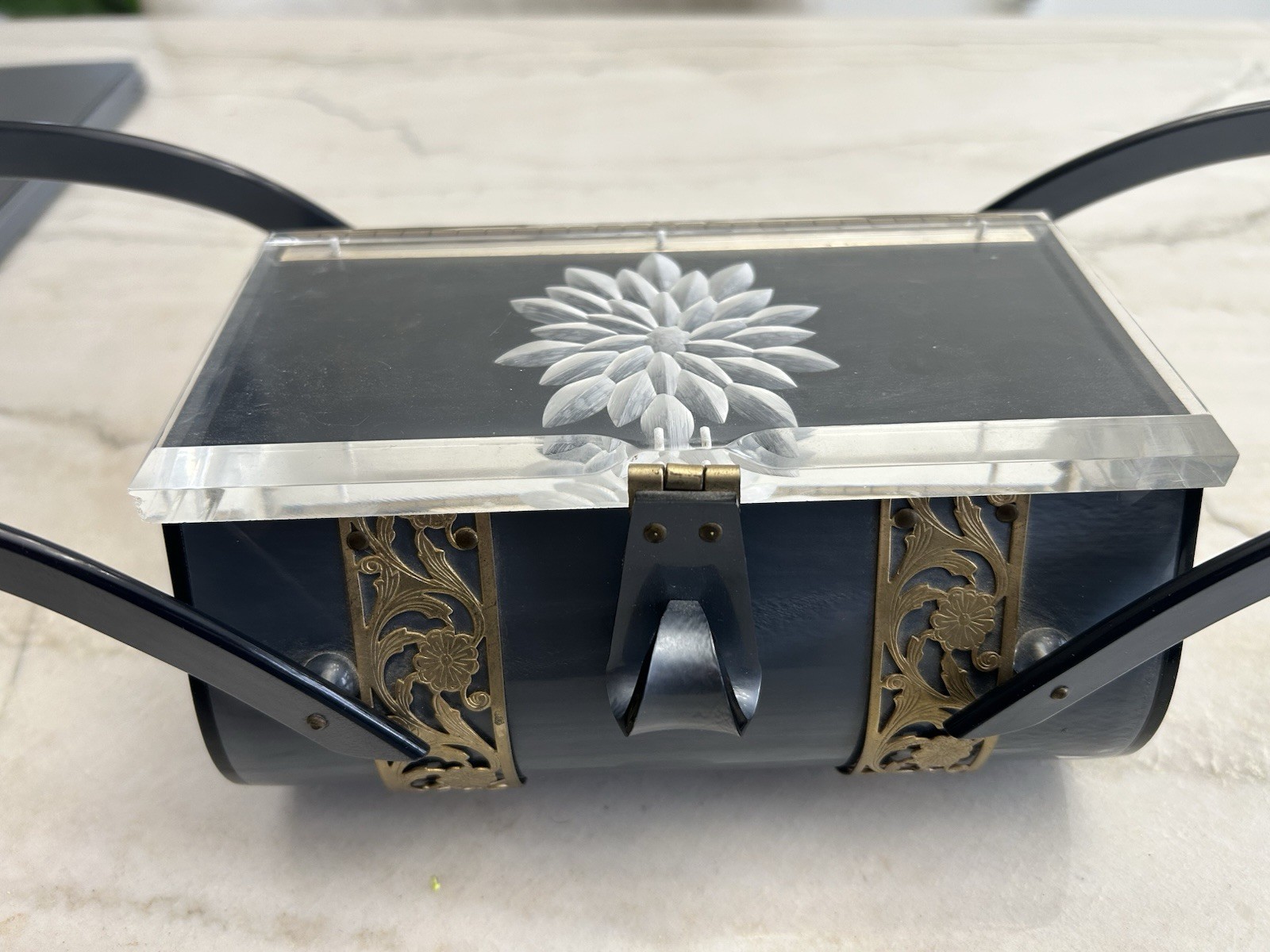 Vintage Lucite Purse Patricia of Miami Confetti String Double Handle Box Purse