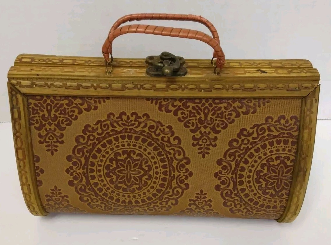 Wood and Leather Handbag Purse Metal Hinges and Clasp Leather Handles Boho Vtg