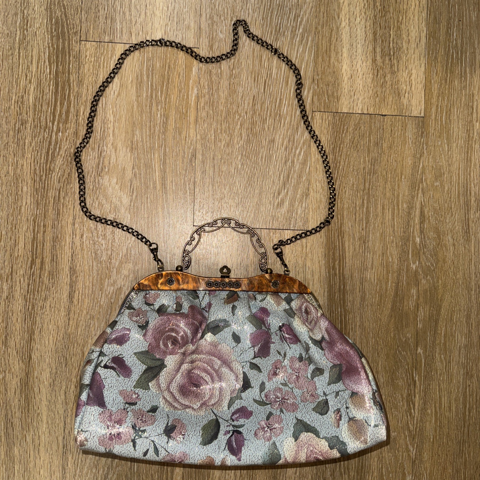 Patricia Nash￼Victorian Floral Hand Beaded Bag W/ Chain. Brass Snap Handle