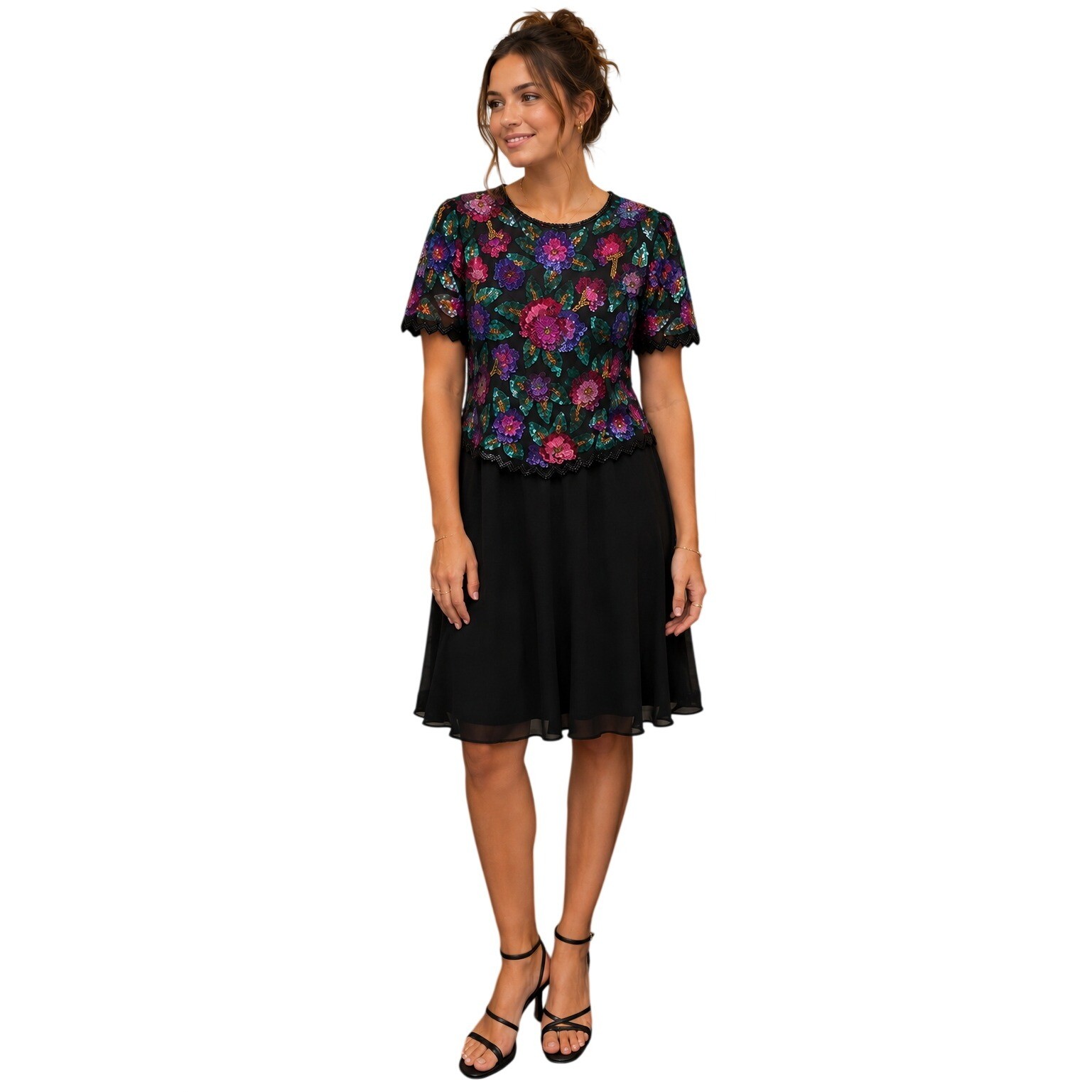 Vintage Silk Sequin Beaded Cocktail Dress Black Pink Purple L granny casino