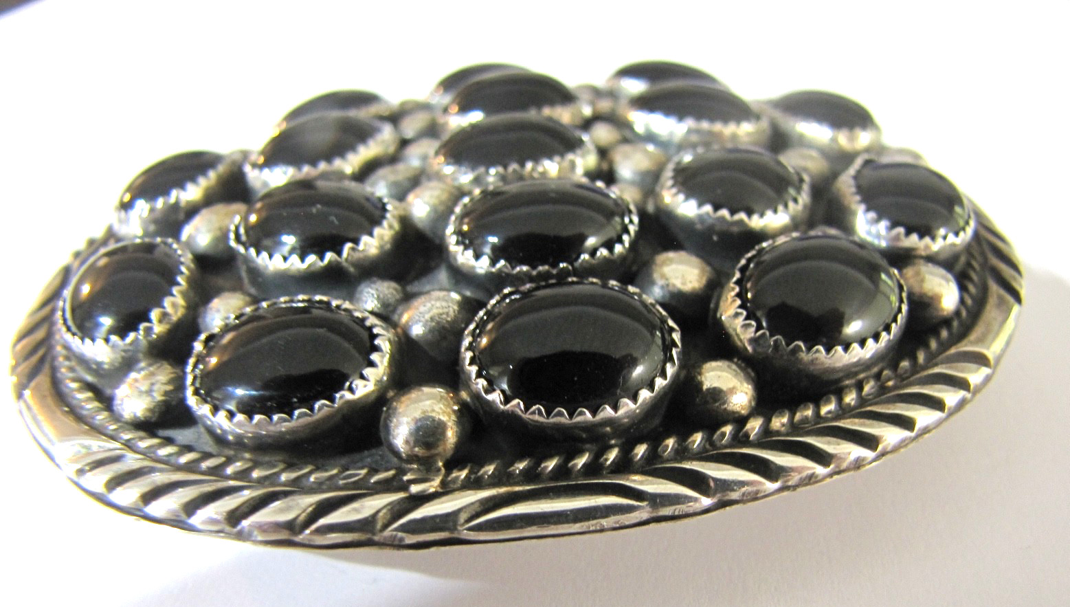 Vintage Navajo Sterling Silver Black Onyx Cluster Belt Buckle 70g GA Sterling