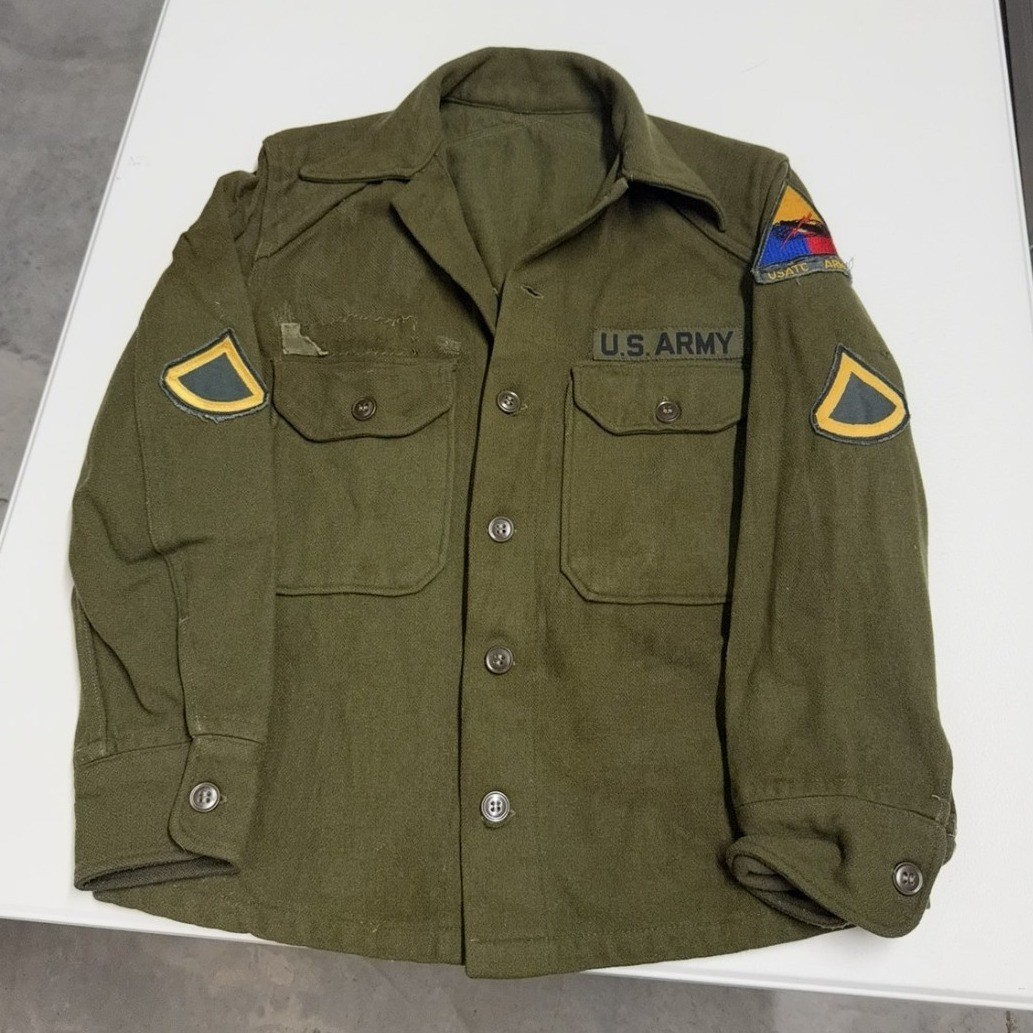 Vintage US WW2 era Army Wool Field Shirt Jacket Olive Drab USATC Armor Patches