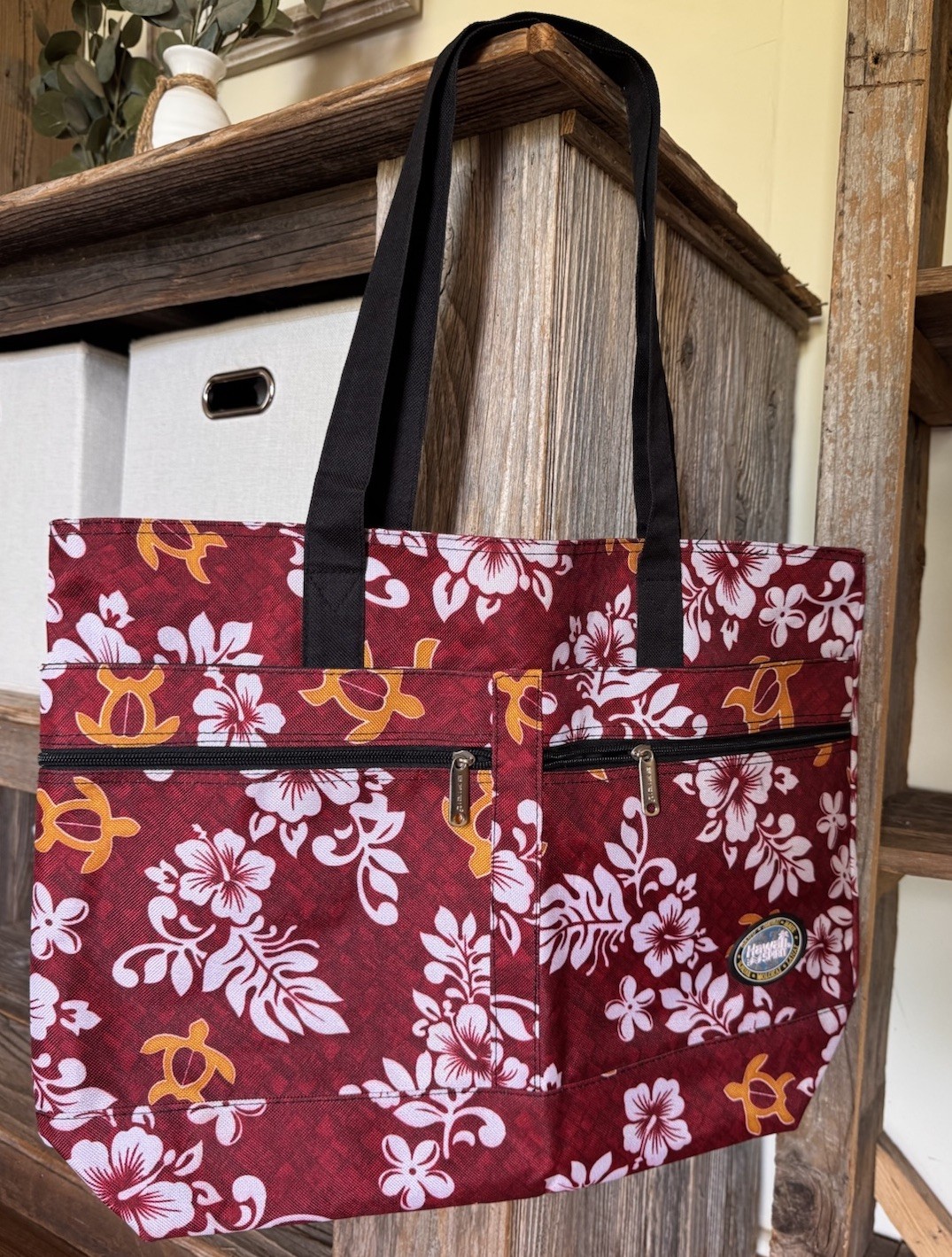 Hawaii Spirit Sea Turtle And Flower Print Tote Bag – Black Straps
