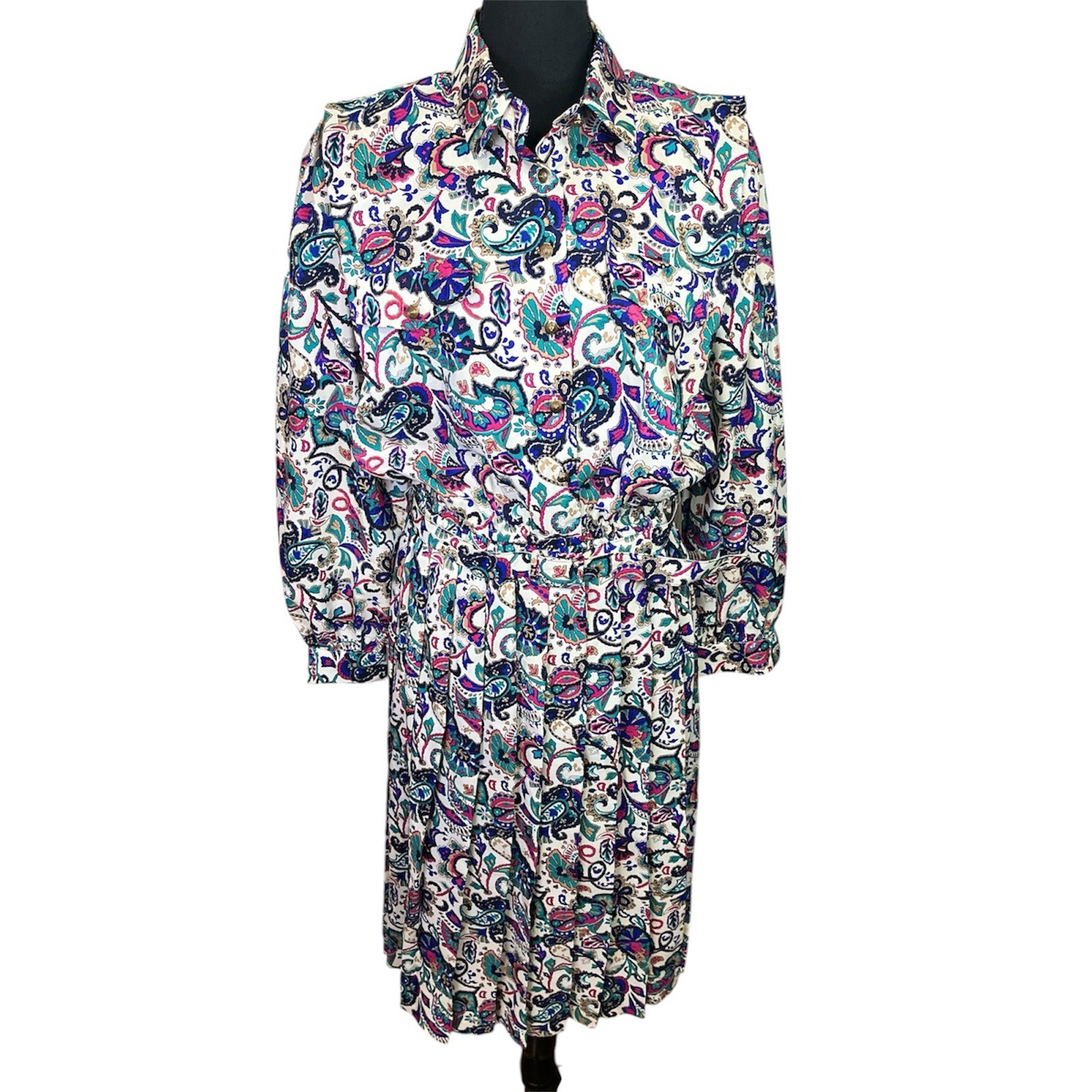 Vintage 80s Don Elliot Sport Floral Long-Sleeve Belted Midi Dress Sz 10 Pleated