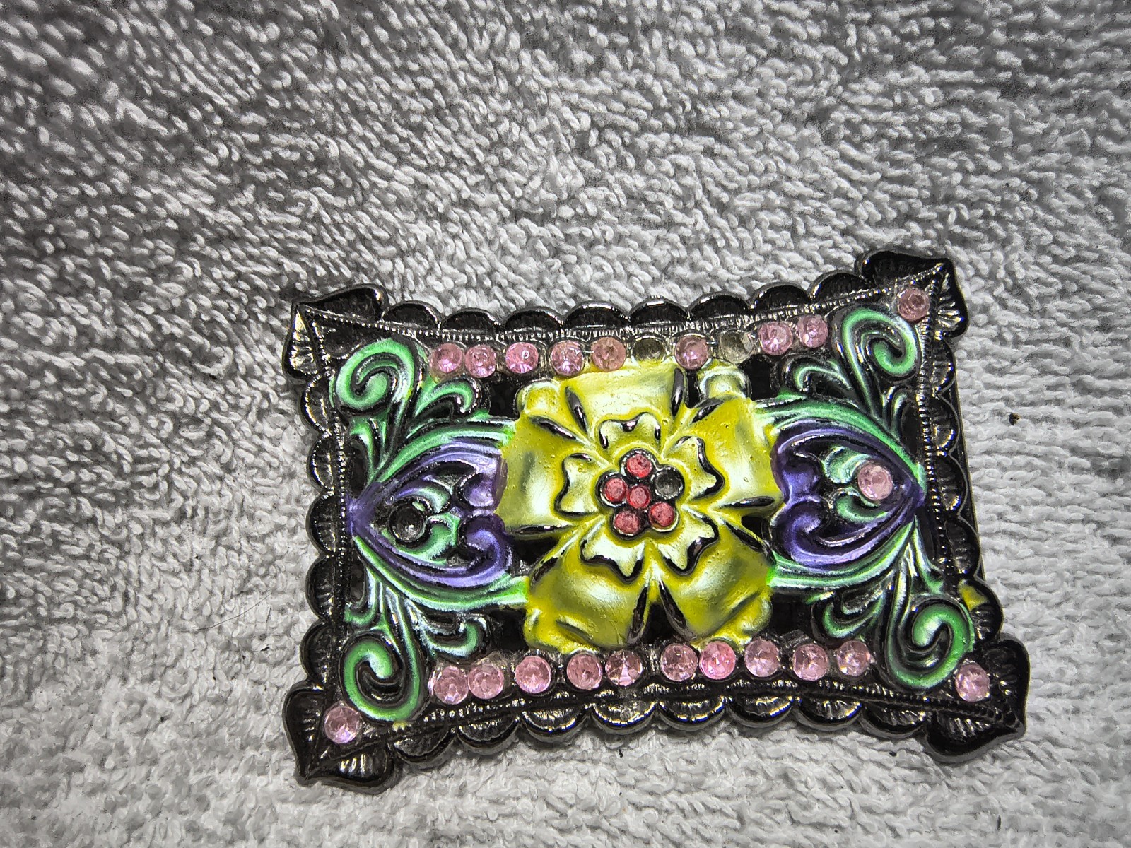 Pink Rhinestone Center Flower Mosaic Colors Rectangle Belt Buckle Usable Shape