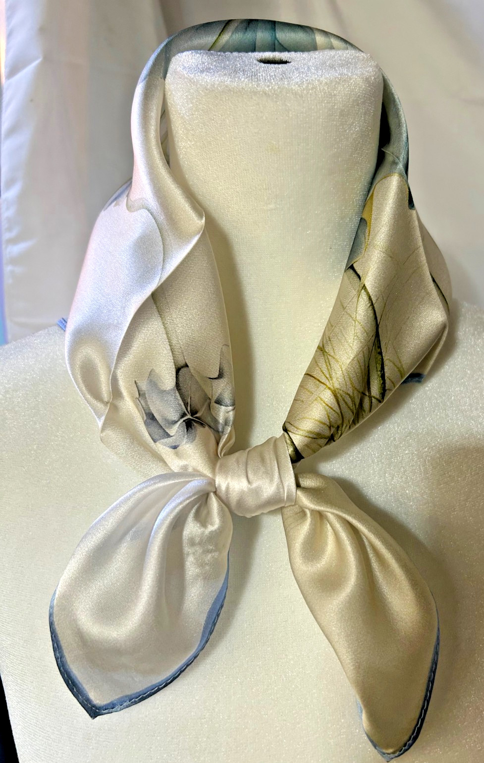 Pretty 21 Inch Small Square Blue, Cream and White Floral Pattern 100% Silk Scarf