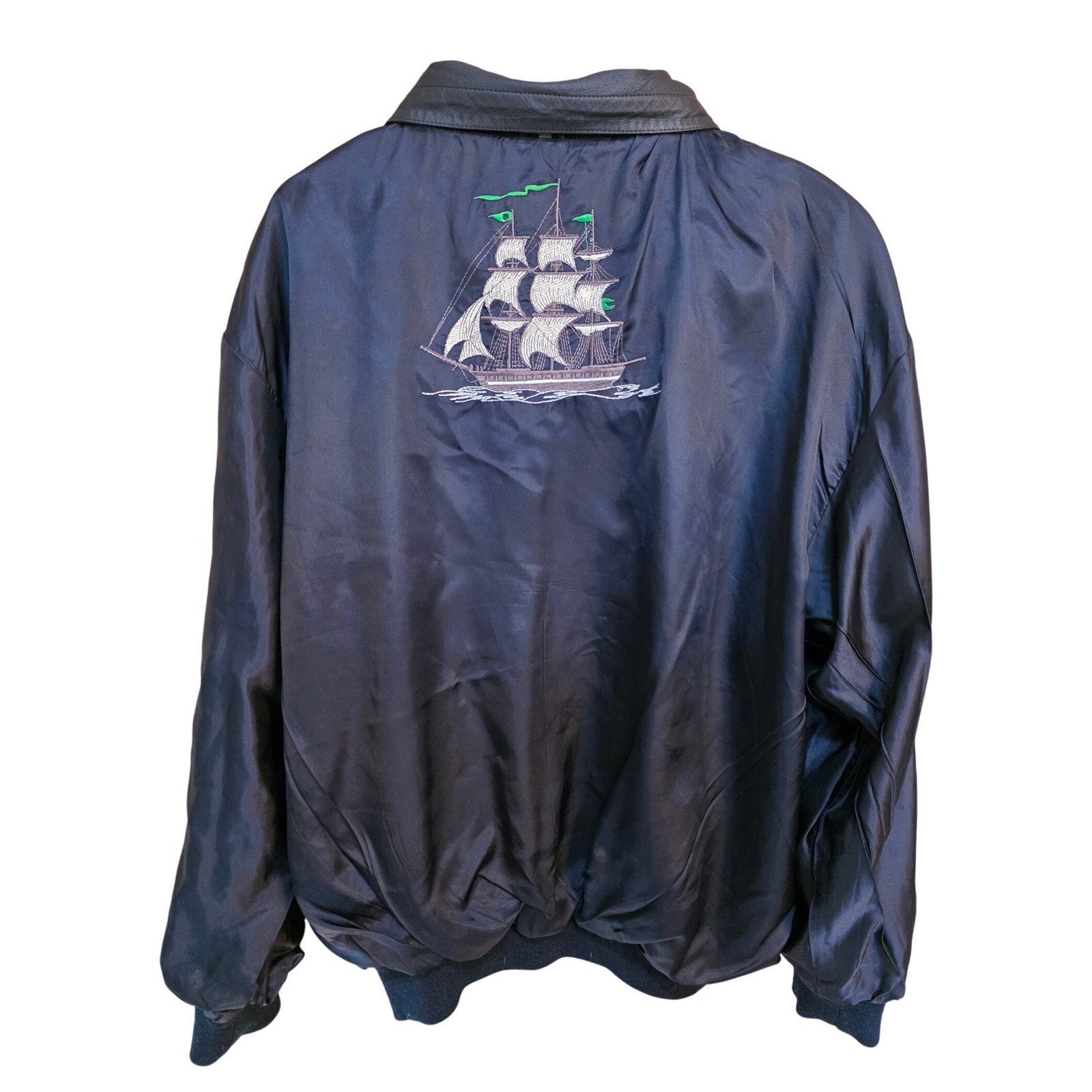 Suede Leather Silk Wool Ship Embroidered Bomber Jacket – Men’s L 25×26″ RARE
