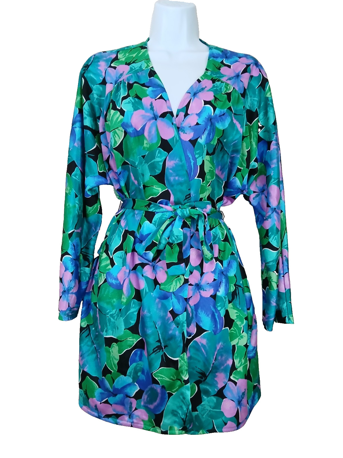 Roxanne Robe Size Small Vintage Flowers Floral Hawaiian Purple Green Sleepwear