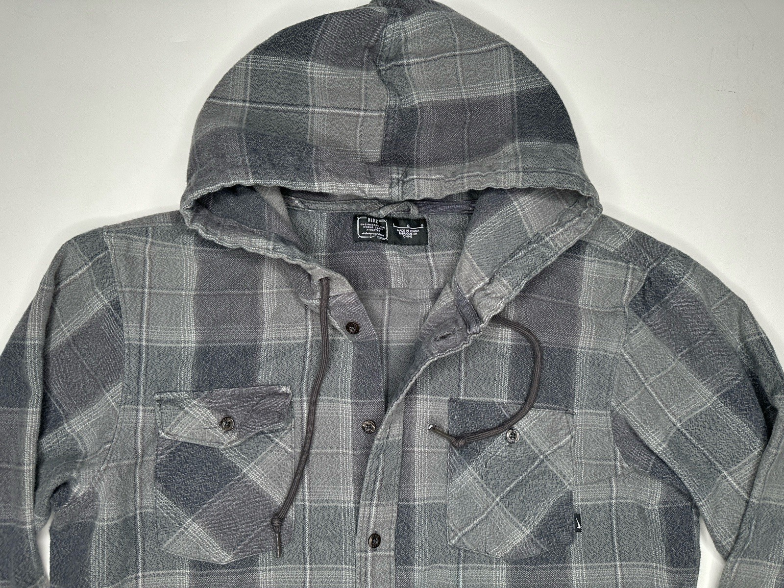Vintage Nike Plaid Hooded Button Up Flannel Gray / Black Y2K Skate Grunge L