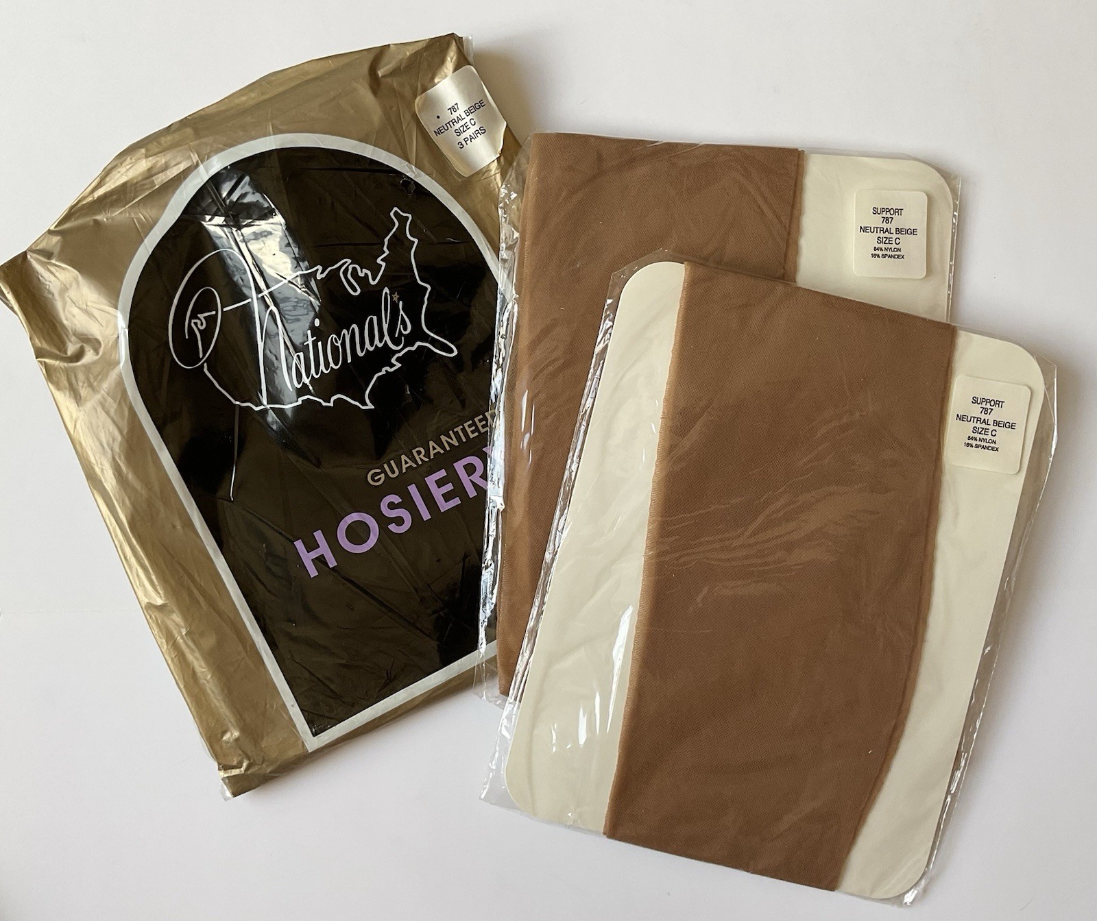 2 Pr Vintage Nationals Support Nylon Stockings Neutral Beige Sz C