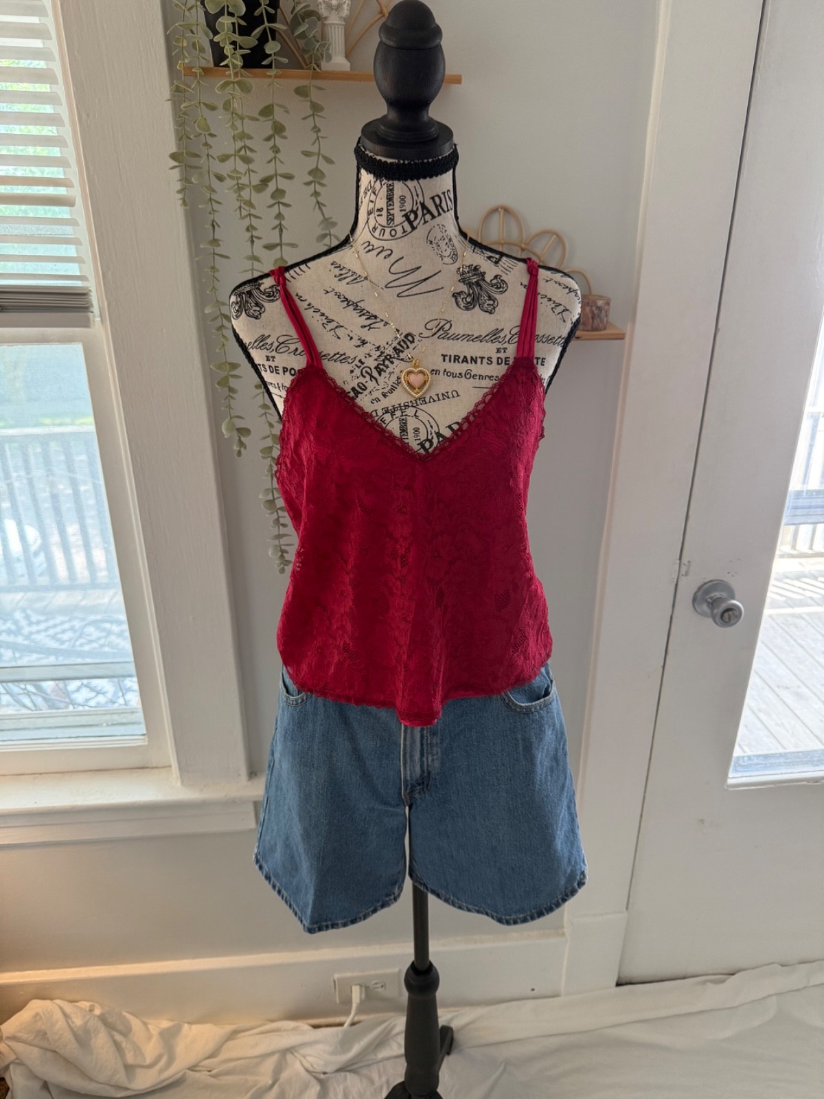 victorias secret gold label vintage red lace cami top with floral pattern #lace